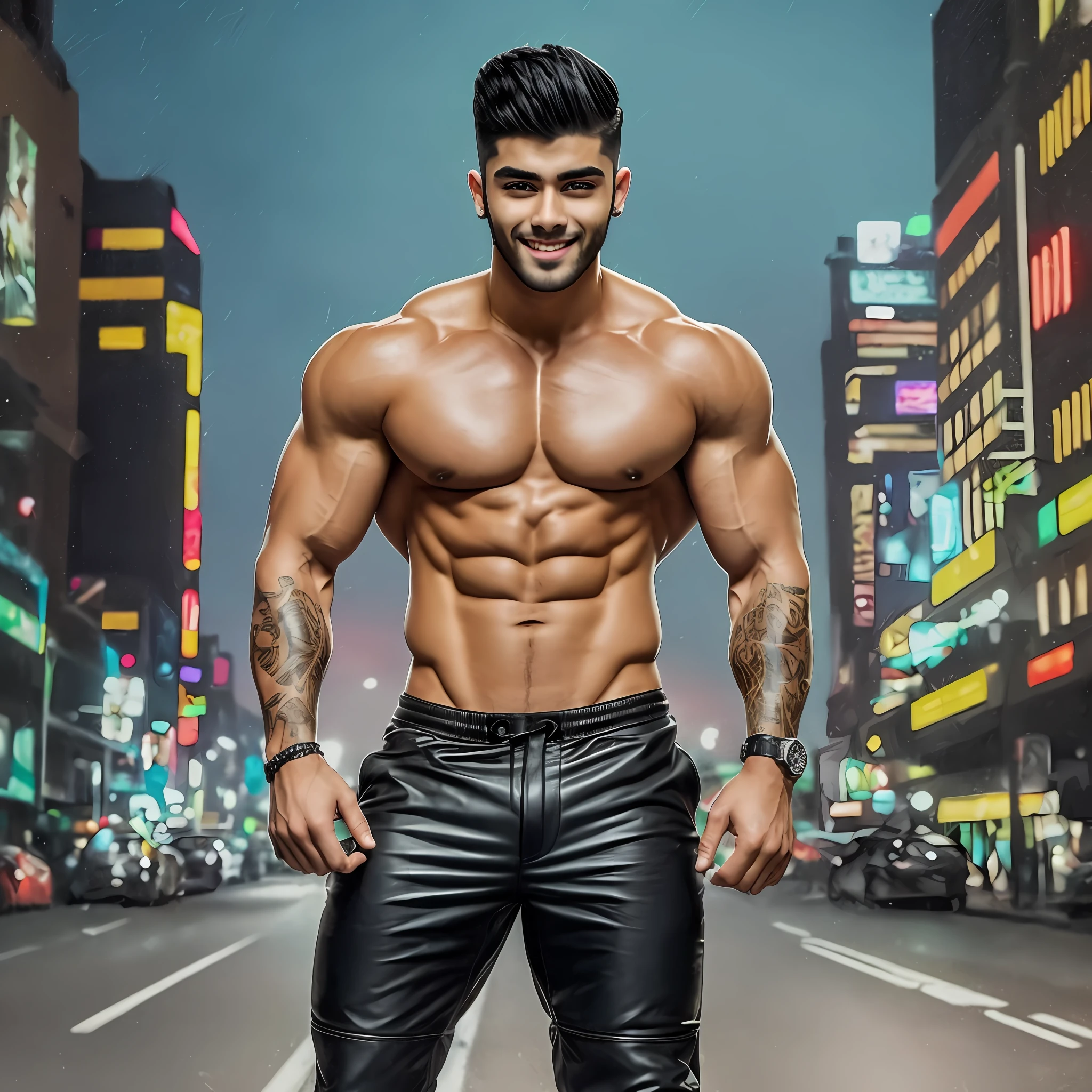 ((full body portrait of)) star Zayn Malik ((wearing a)) black leather speedo, ((smiling)) in front of an ((urban)) backdrop. the city behind him is alive with bright lights and bustling with energy. he appears confident and powerful, with toned humungous muscles and a chiseled jawline., ultra high res, best quality, 8k, raw photo  , double cleft chin, oversized muscular pectorals, oversized muscular biceps, thick hands --auto --s2