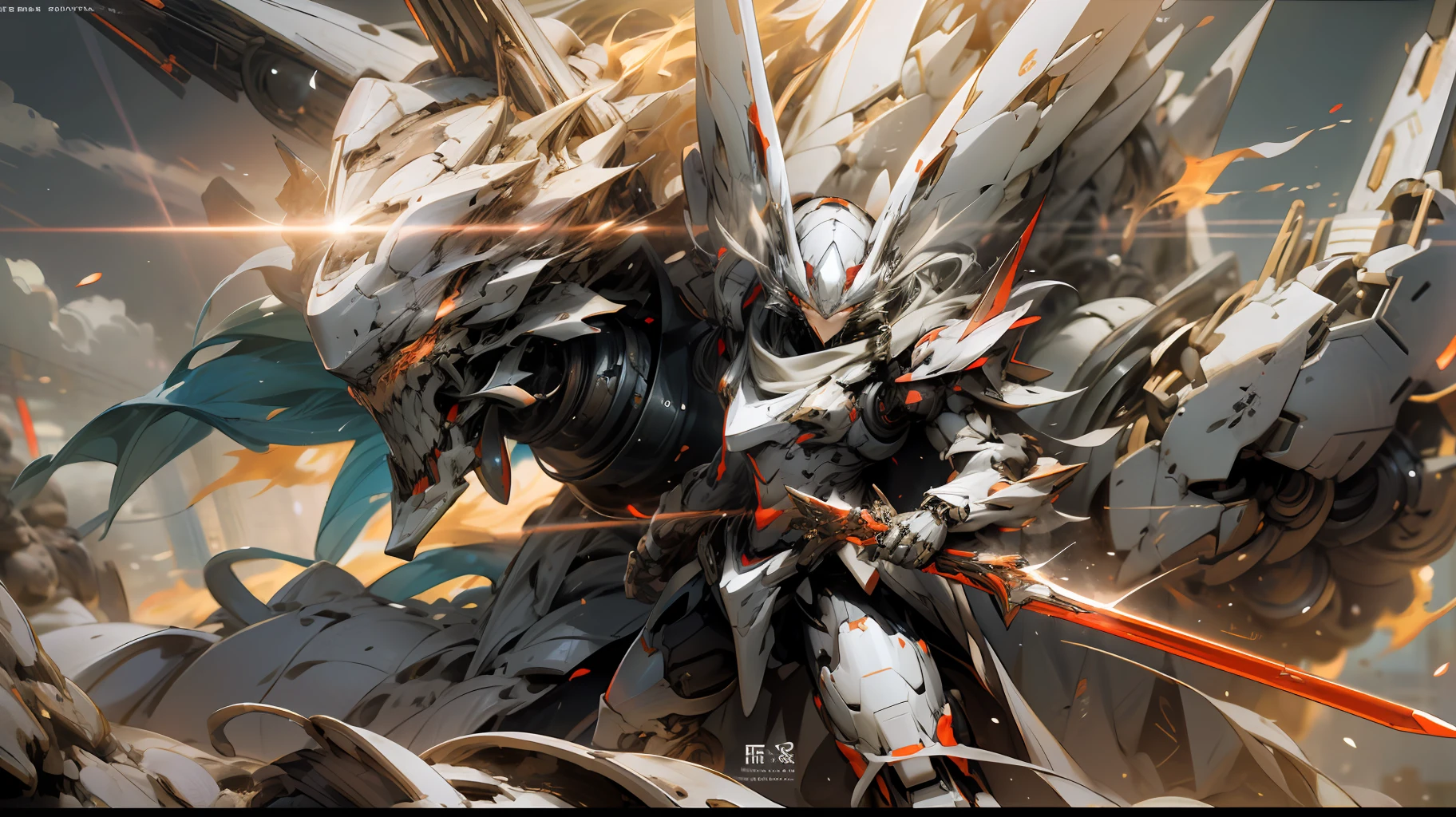 A beautiful game CG with the Doomsday theme as the main body, hyper-detailed, this is a light black and light white complex structure of the mecha, its hands hold a broad heavy armor sword, emitting a fiery red light: 1.2, the eyes emit dazzling red light: 0.8, 3D two-dimensional drawing, the scarf of breaking waves sways with the wind, anime drawing, chiaroscuro, light special effects, mecha detailed and exquisite, mecha face delicate and clear, light source on the eyes, background burning fire of the broken mechanical battlefield
