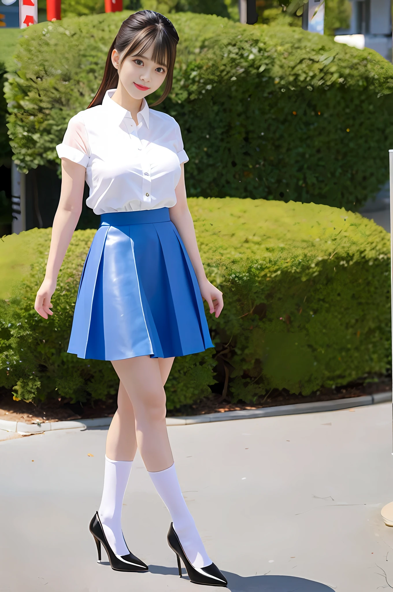 Cute gravure idol woman, white blouse, blue skirt, white socks, black pumps