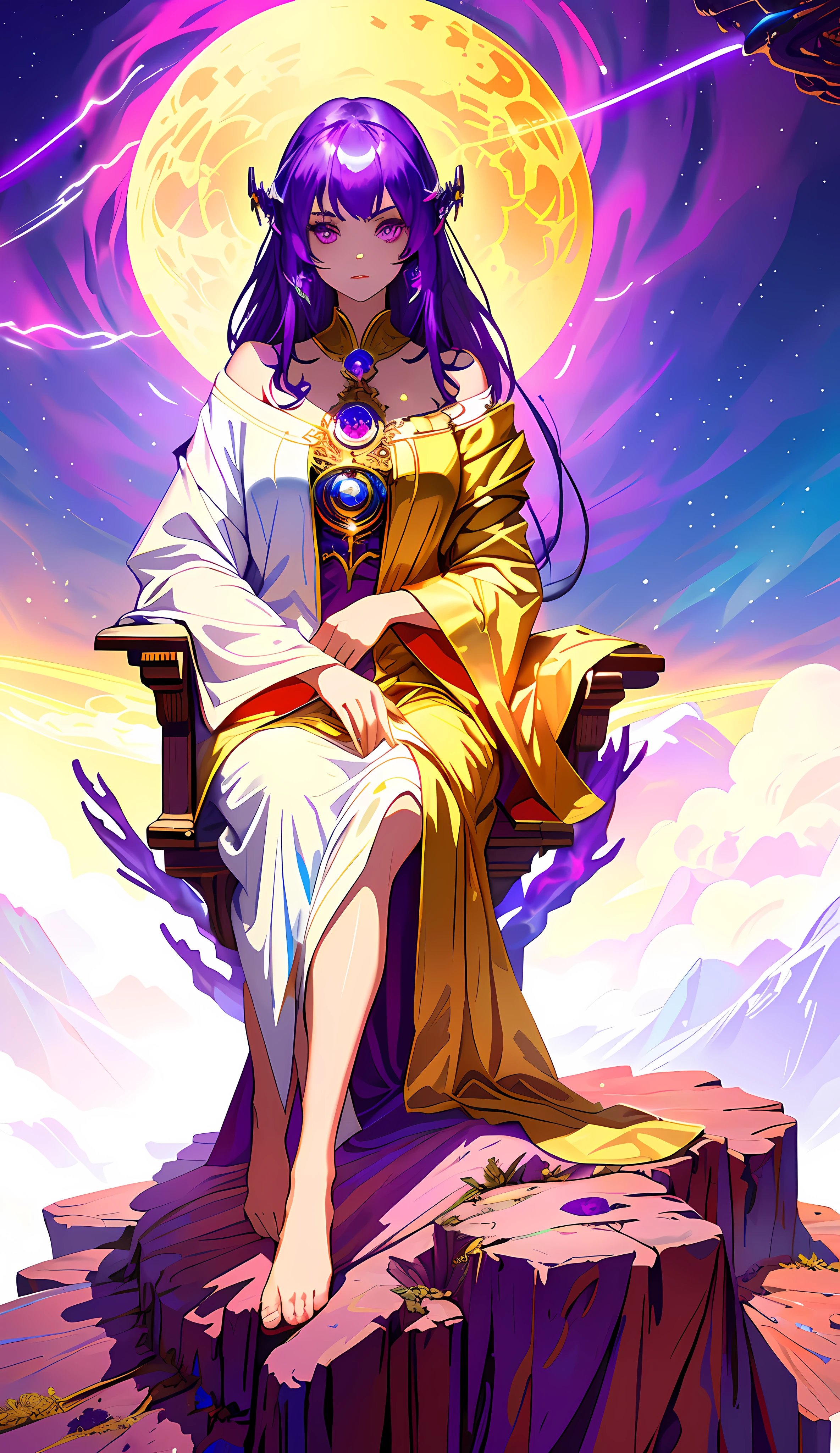 1girl, colorful eyes, Beautiful witch, sitting on a throne, purple energy, golden robe,blue dragon, on an alien planet, trending on artstation, masterpiece