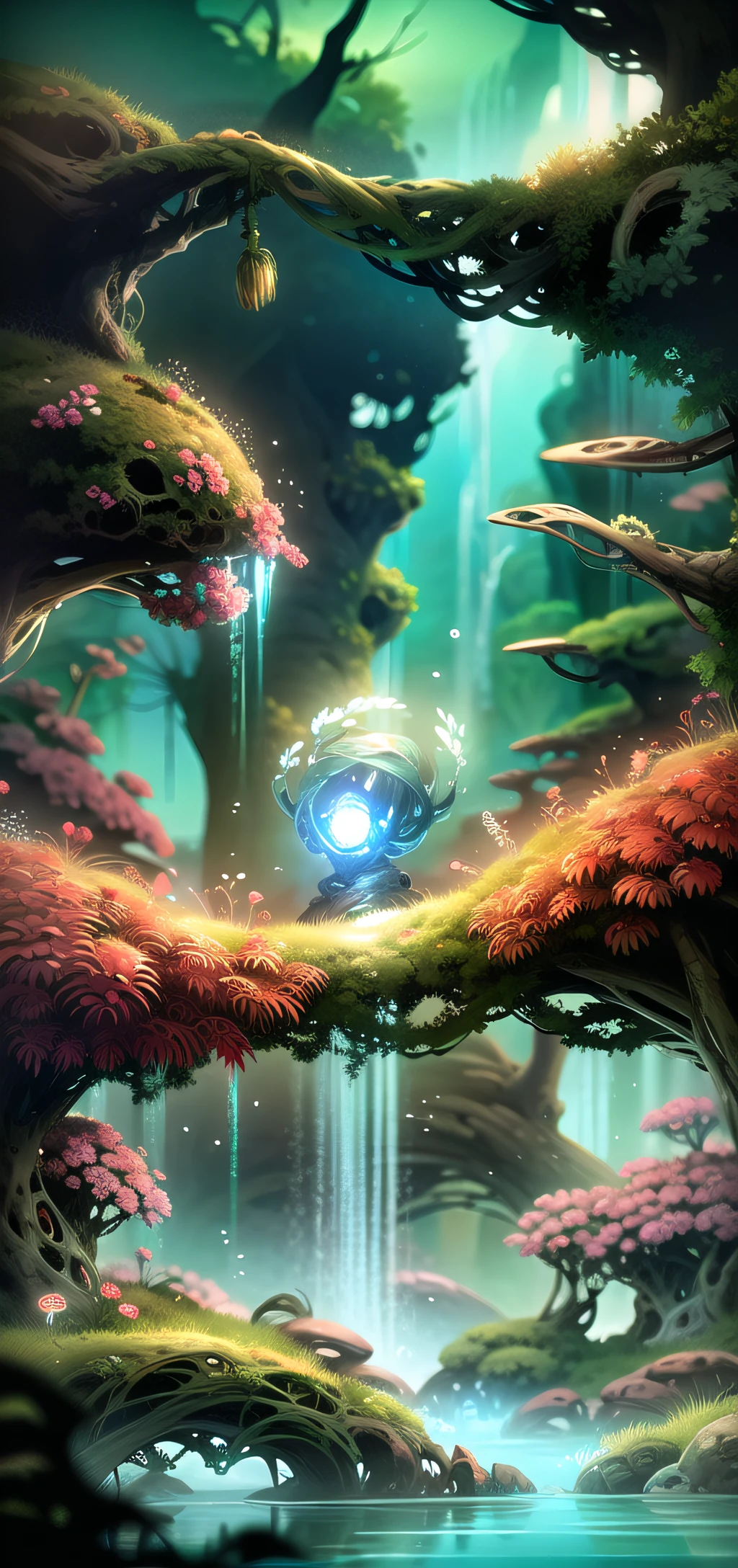 digital painting, smooth, high quality, highly detailed sketch, magic, flower bridge, (glowing orb:1.1) in the middle, (green forest:1.2), waterfall, (spirit tree:1.1),