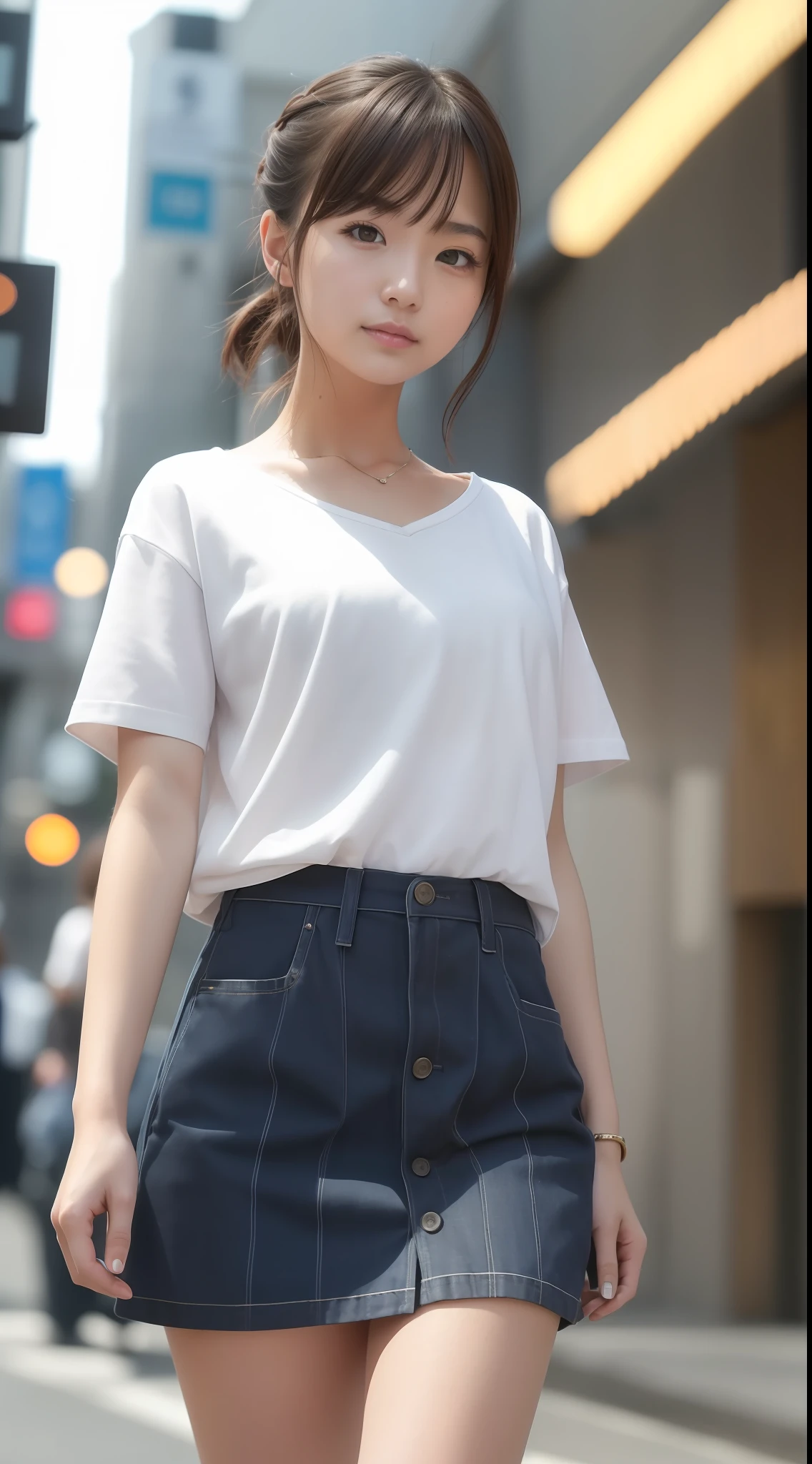 ((Best quality, 8k, Masterpiece: 1.3)), Sharp focus: 1.2, 1 AKB48 girl, beautiful face girl, cute face, small breasts, flat chest, short messy hair, walking, UNIQLO casual clothes, skirt, city, cafe, sunlight, dramatic angle, kindness, cinematic lighting, from below, (8k, masterpiece, best quality, raw photo)