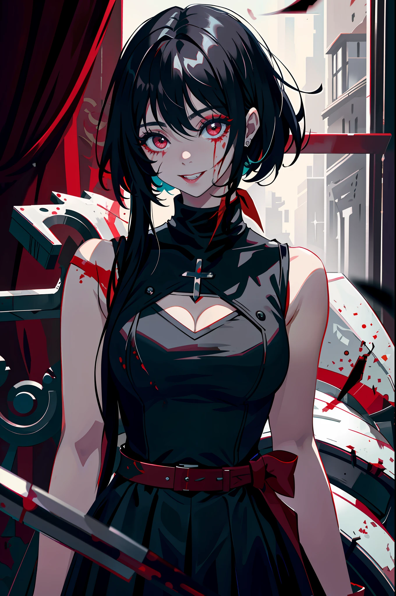 Vanessa_Colgurin, yandere, crazy eyes, crazy, crazy smile, masterpiece, 1girl, solo, solo focus, blood on face, blood, blood on clothes, nosebleed, psychopath, horror \(theme\), black hair, sleeveless, black sleeveless turtleneck, upper body, finger to mouth, finger biting, messy hair,