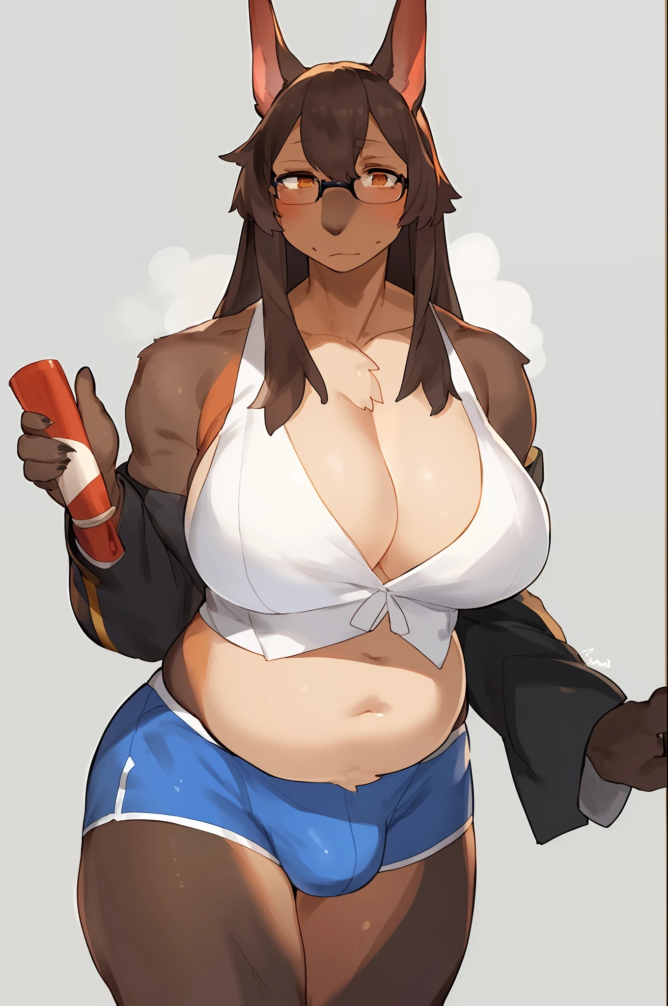 Solo, gynomorph, bulge, hair, glasses, doberman, muscular, slightly chubby, cleavage, by buta99, by pgm300, by bebebebebe, by sindoll, by suurin 2, by kishibe
