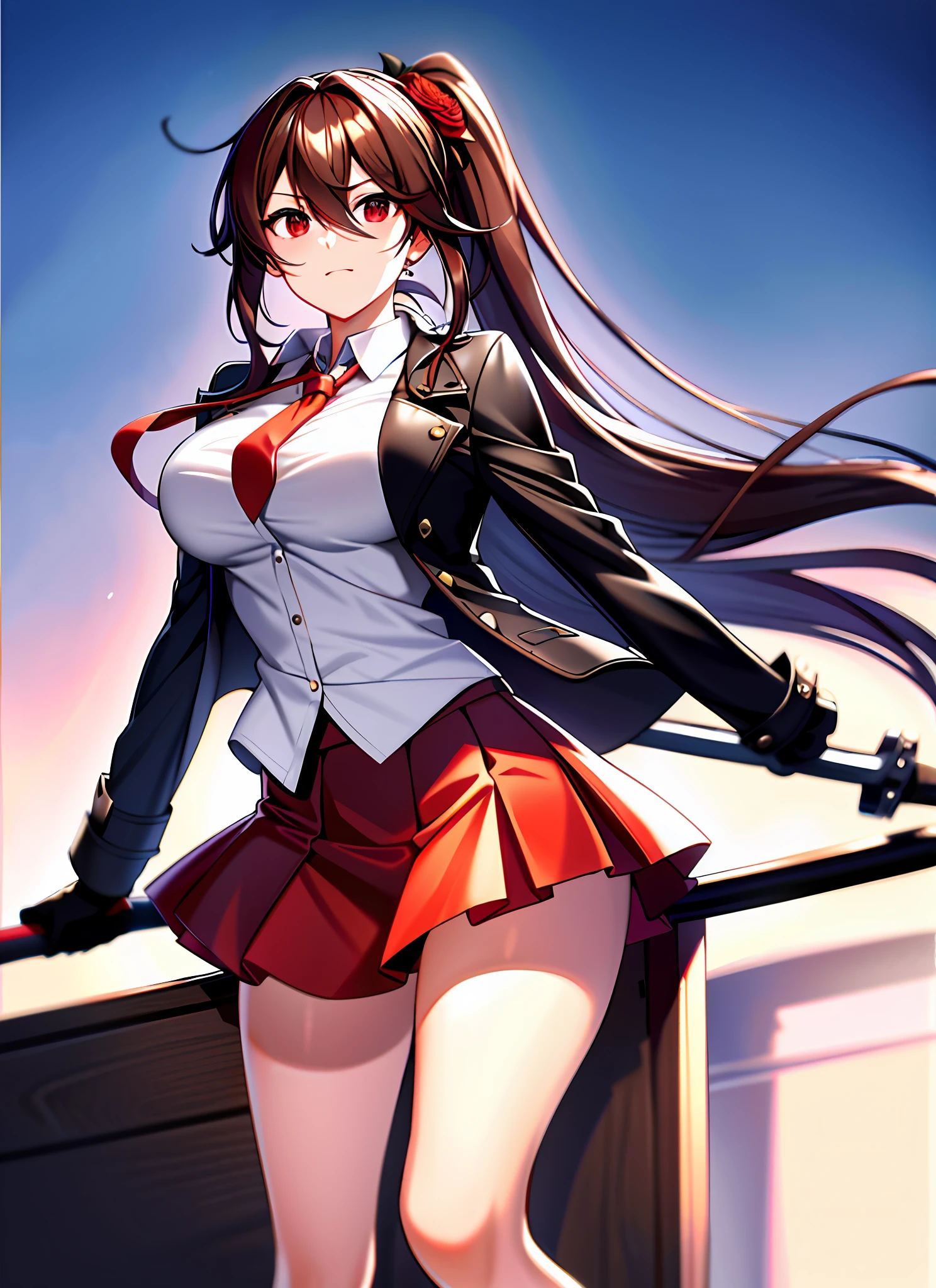 masterpiece, best quality, super detailed, illustration, warm light, bright colors, 1 girl, solo, long hair, very long hair, tifa, cross arms, amused, sitting, office, office work,

action, ahog, bangs, black_jacket, blue_eyes, breasts, brown_hair, brown_vest, buttons, closed_mouth, collared_shirt, double-breasted, dress_shirt, flower, gloves, hair_between_eyes, hair_flower, hair_ornament, hair_over_ eyes, jacket, light_particles, long_sleeves, looking_at_viewer, tie, plaid , plaid_skirt, pleated_skirt, ponytail, red_flower, red_necktie, red_rose, red_skirt, rose, shirt, skirt, thigh, vest, weapon, white_shirt, zettai_ryouiki，