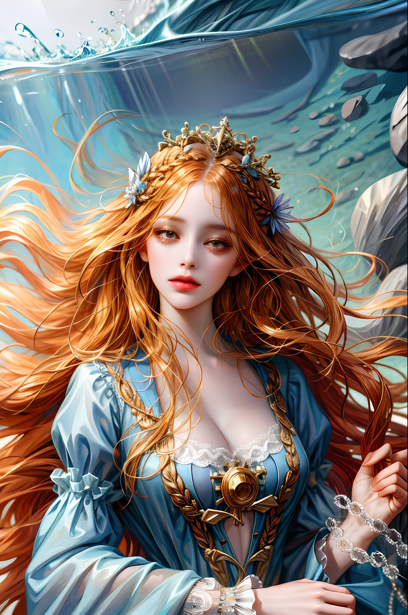 (absurdres, highres, ultra detailed), 1girl, solo, mature, (long hair), Baroque, dress, long sleeve, elegant, holy, colorful, highest detailed, portrait, close up, underwater, floating hair, flower