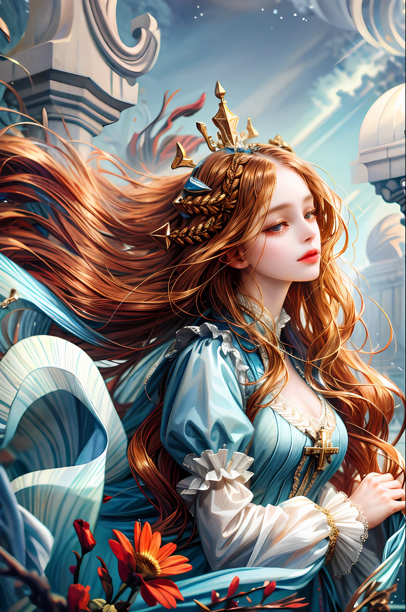 (absurdres, highres, ultra detailed), 1girl, solo, mature, (long hair), Baroque, dress, long sleeve, elegant, holy, colorful, highest detailed, portrait, close up, underwater, floating hair, flower