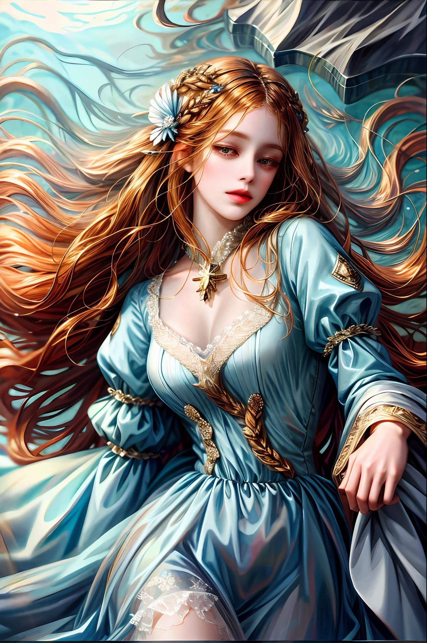 (absurdres, highres, ultra detailed), 1girl, solo, mature, (long hair), Baroque, dress, long sleeve, elegant, holy, colorful, highest detailed, portrait, close up, underwater, floating hair, flower