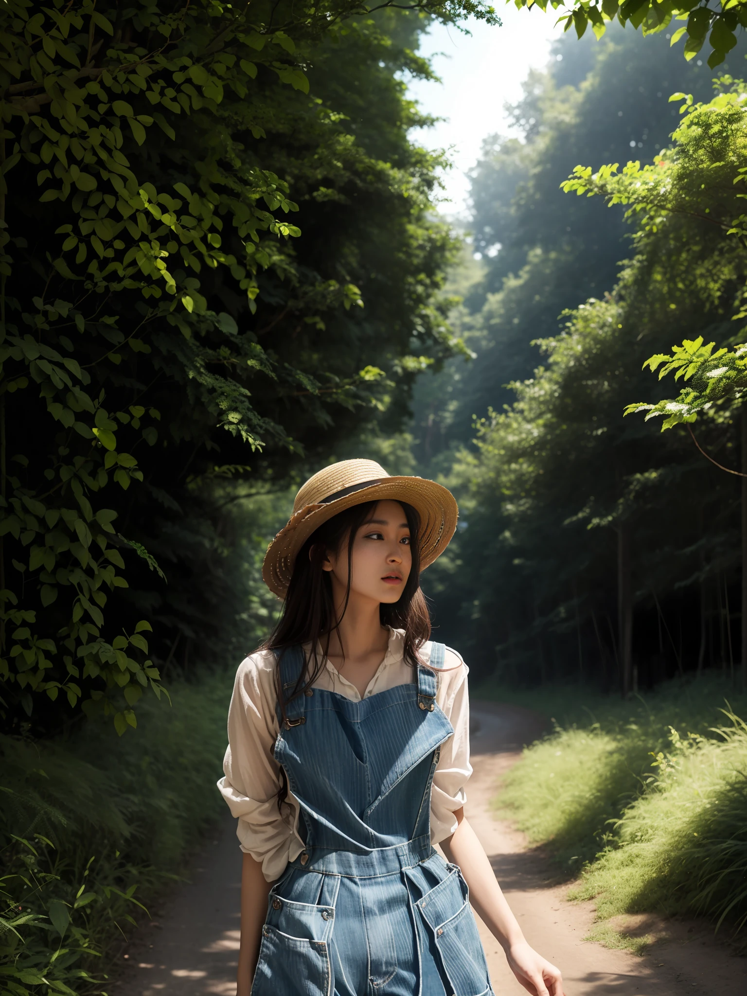 arafed woman in a hat and overalls standing on a path, wearing a straw hat and overalls, wearing straw hat, with straw hat, a young asian woman, 7 0 mm portrait, girl walking in forest, 60mm portrait, she is wearing a hat, photo of a woman, woman with hat, 50mm portrait, infp young woman
