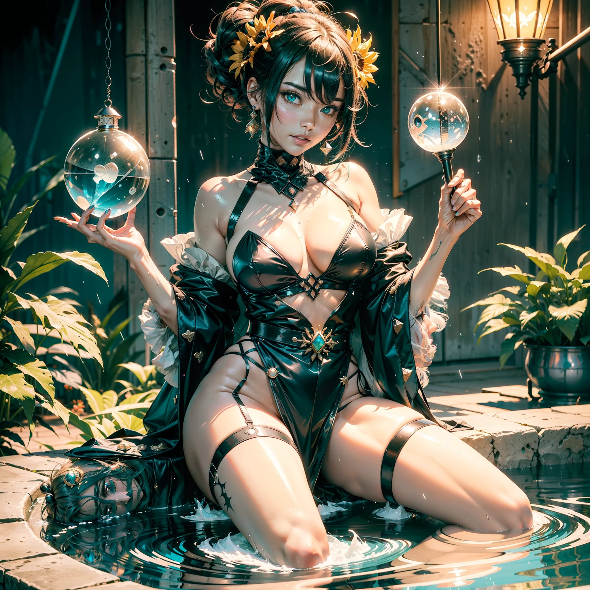 raw wet japanese clothing belt kimono sideboob obi reflection Pool marbles paddling pool "Water Falls" water drop of water equirectangular 360 meticulously intricate Pro-photorealism angle below-near" masterpieces (Guweiz and James Jean) tattoo CGSCOSITY absurd sunflower short hairstyle interiors Agathe discreet ornament yellow-saffron delicate face expressive face cheekbones glowing pompette turquoise great ultra-beautiful eyes lazuli opal open mouth teeth smile (skin High detailed: 1.3) Suave athlete:1.3 Attractive jacket:1.3 Open shoulders:Off Lace:1.3 White Shirt:1.1 Open sleeves Clavicles:1.3 Papillotes:1.3 White silk (ratio four fingers and one inch) Satin Large sagging breasts:1.3 Pointed spread covered Corait:1.3 Strange felts Seams NSFW navel Skirt:1.3 Wide fringe swinging spinel thick leathers pubis:1.3 Pubic hair partially1:3 covered thighs garters:1.3 legs boots:1.3 Solid bulky furs black abundant lights sun illuminations luminescences depths reflections optimal resolutions perfections ultra precise maximum lightnings contrasts global illuminations cgi vfx sfx reflex ultra details Octane made extreme improved graduated UHD XT3 16K DSLR HDR UnrealEngine5 romm rgb pbr 3dcg fxaa blu-ray colors-coded backlights anti-aliasing fkaa txaa rtx ssao opengl-shaders glsl-shaders post-processing post-production cell-shading tone-mapping obscure Crystalline DoF robot female "Heavy Metal" dark navy metallic familiar Pole-Dancing Magic water drop of water fountains Drink beer wheels slide "Buck-Beer" transparent mirror scepter summons snake-fractal ruby occult earth (Magic Disco=Ball fullbodye Earth blooms:1.3 graduated heart hearth earth blooms:1,0.3 Tourmaline) dramatic paper lantern background outdoors lantern night full moon rain mountain