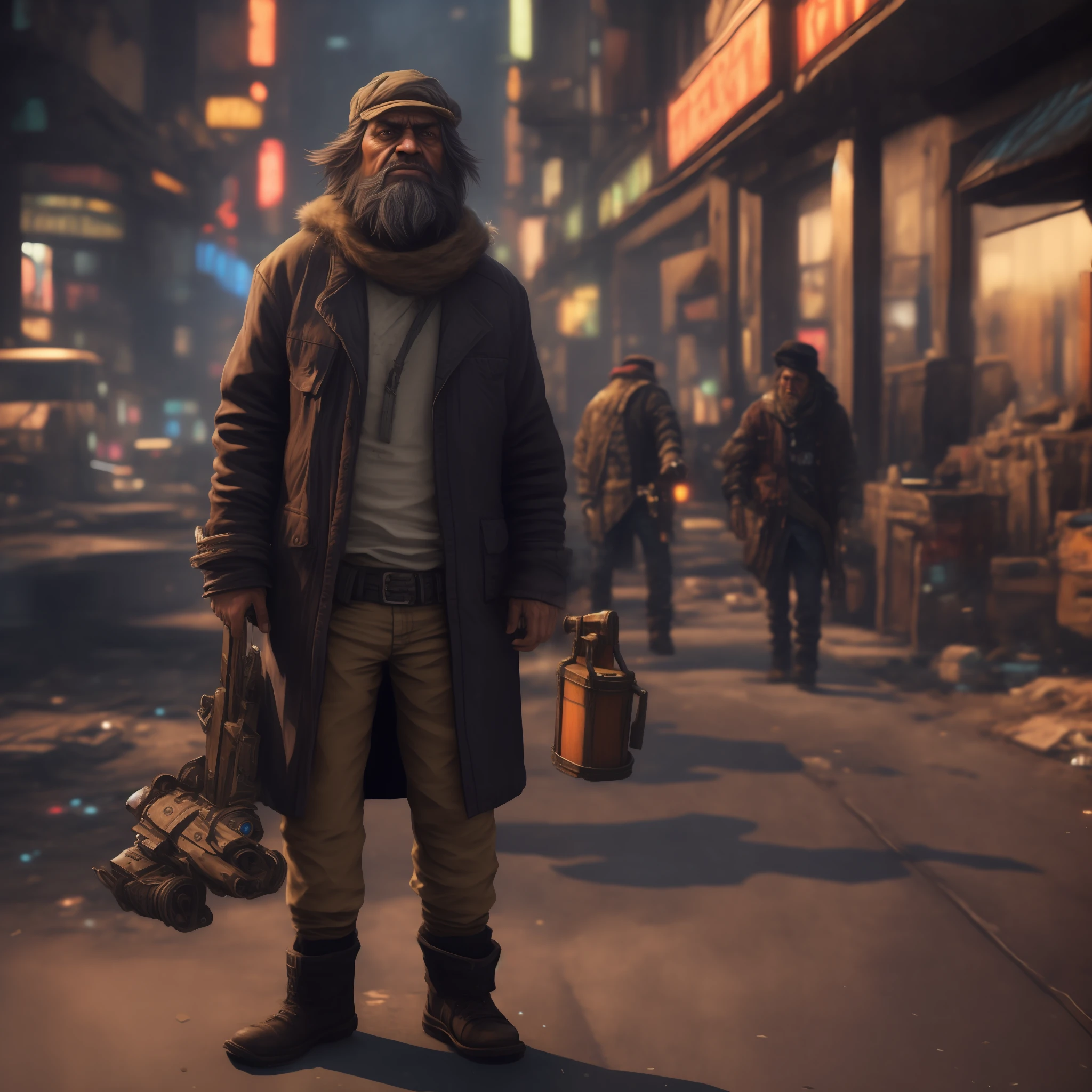 arafed man with a beard and a hat standing on a street, cyberpunk homeless, cyberpunk street goon, cinematic full character, unreal engine character art, small character. unreal engine 5, postapocalyptic explorer, cyberpunk old man, hyper-realistic cyberpunk style, post - apocalyptic scavenger, post apocalyptic street, postapocalyptic style, standing in a city street