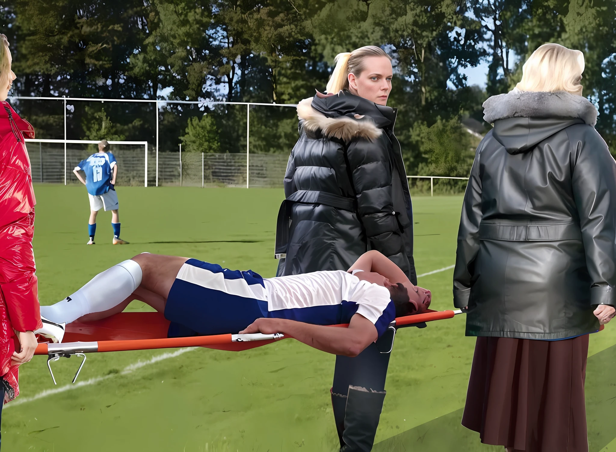 several people standing around a man on a stretcher on a field, inspired by Christen Dalsgaard, realistic scene, desperate pose, by Christen Dalsgaard, realistic shot, looks realistic, lying on field, by Christen Købke, on a soccer field, laying on her back, lying on back, aesthetic shot, warm sunshine
