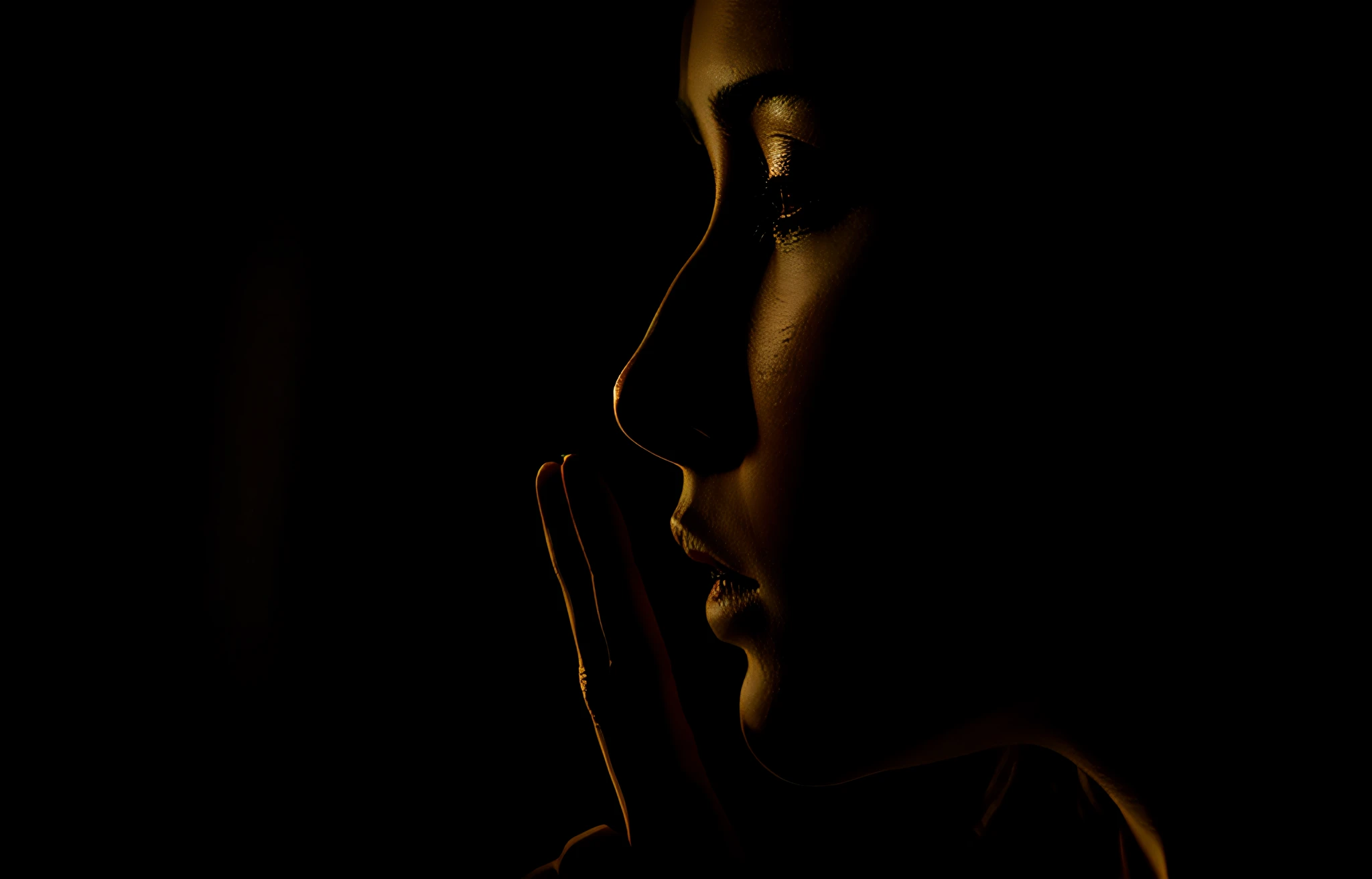 there is a woman that is holding her finger to her lips, hand over mouth, hand on her chin, low-key, close - up profile face, close up portrait photo, low key dramatic lighting, against a deep black background, a woman's profile, female image in shadow, mysterious portrait of a woman, chiaroscuro portrait, creating an ominous presence