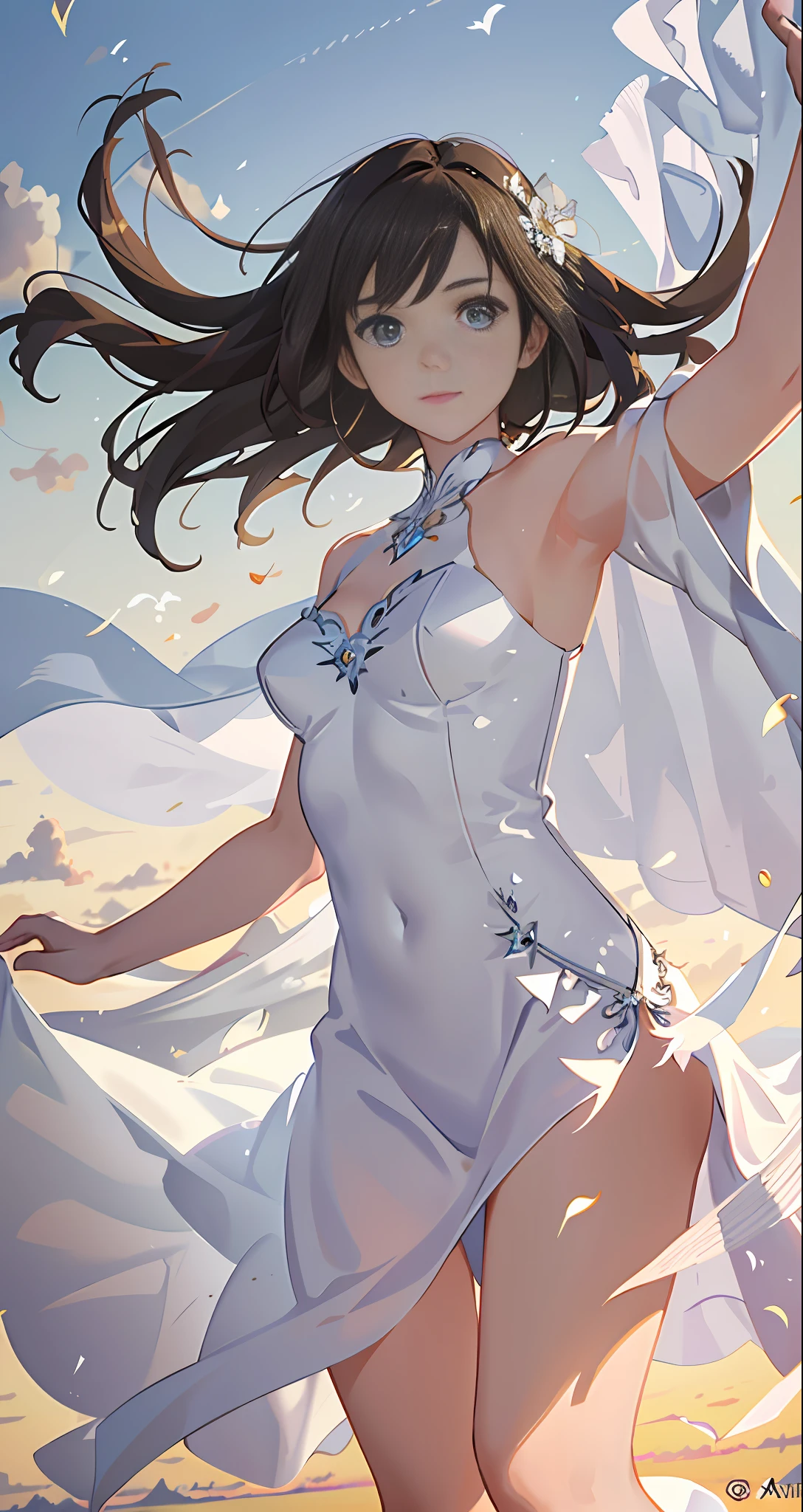 Masterpiece, Best Quality, Film Stills, A Beautiful Woman in a White Dress Flying in the Air, Artgerm's Style, Floating in the Sky, Close Up, Bright, Happy, Warm and Soft Clouds, Sunset, (Spark: 0.7) 8k Portrait of a Beautiful Woman with Brown Hair, Intricate, Elegant, Highly Detailed, Majestic, Digital Photography, Broken Glass, (Masterpiece, Side Light, Delicately Beautiful Eyes: 1.2)