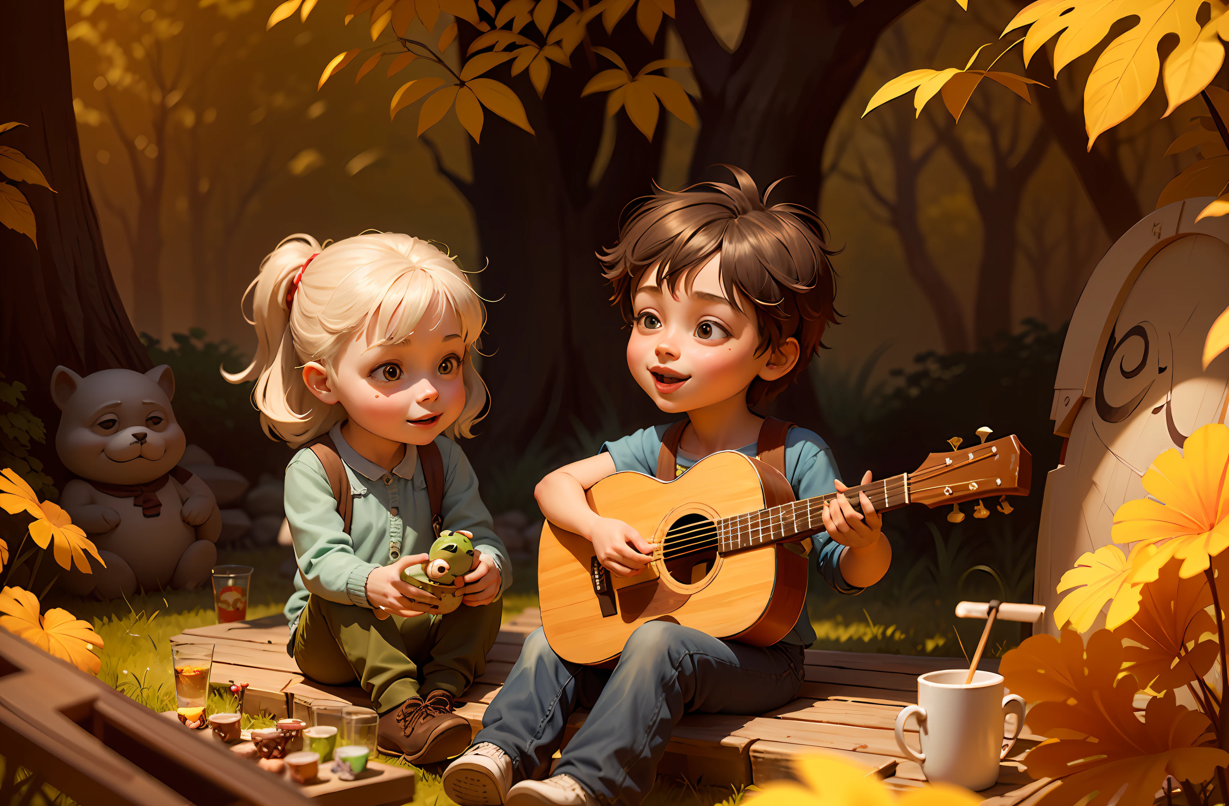 painting of two cheerful, lively, happy, celebrating, playing guitar in a forest, 3d drawing of friends, by Craig Davison, by Elaine Hamilton, playing little viola, by Orshi Drozdik, in the style of Shrek movie, animated movie still, 3D animated movie still, adorable disney pixar digital painting, by Eugeniusz Zak, cute art, by Nándor Katona,  Masterpiece, high quality.