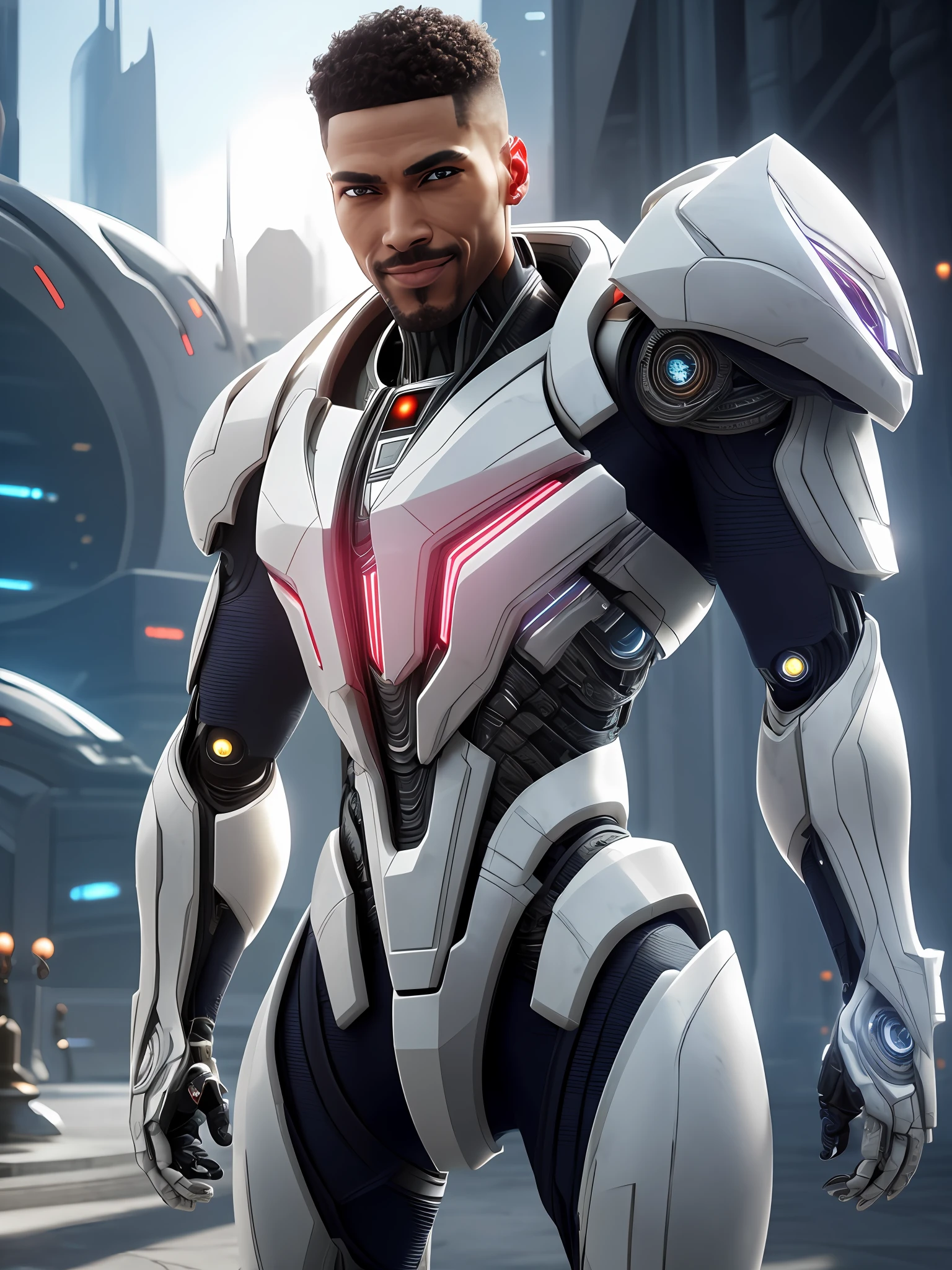 Man smiling (with cyborg armor of matte white marble: 1.2), (1men: 1.4). alita futuristic costume, portrait, bright intricate details, (detailed background futuristic city, spaceships: 1.1), unreal 5, daz, hyper realistic, octane rendering, dynamic lighting, intricate details, cinematic, trend in Artstation, CGSociety, Artgerm, symmetrical eyes, sharp focus, natural lighting, professional photo, intricate details, photoreal, shot with sony a7riii camera, highly detailed, best quality, photo rendering, cinematic,  front view, ultra HD, ultra detailed, finely detailed, 8k wallpaper, masterpiece,