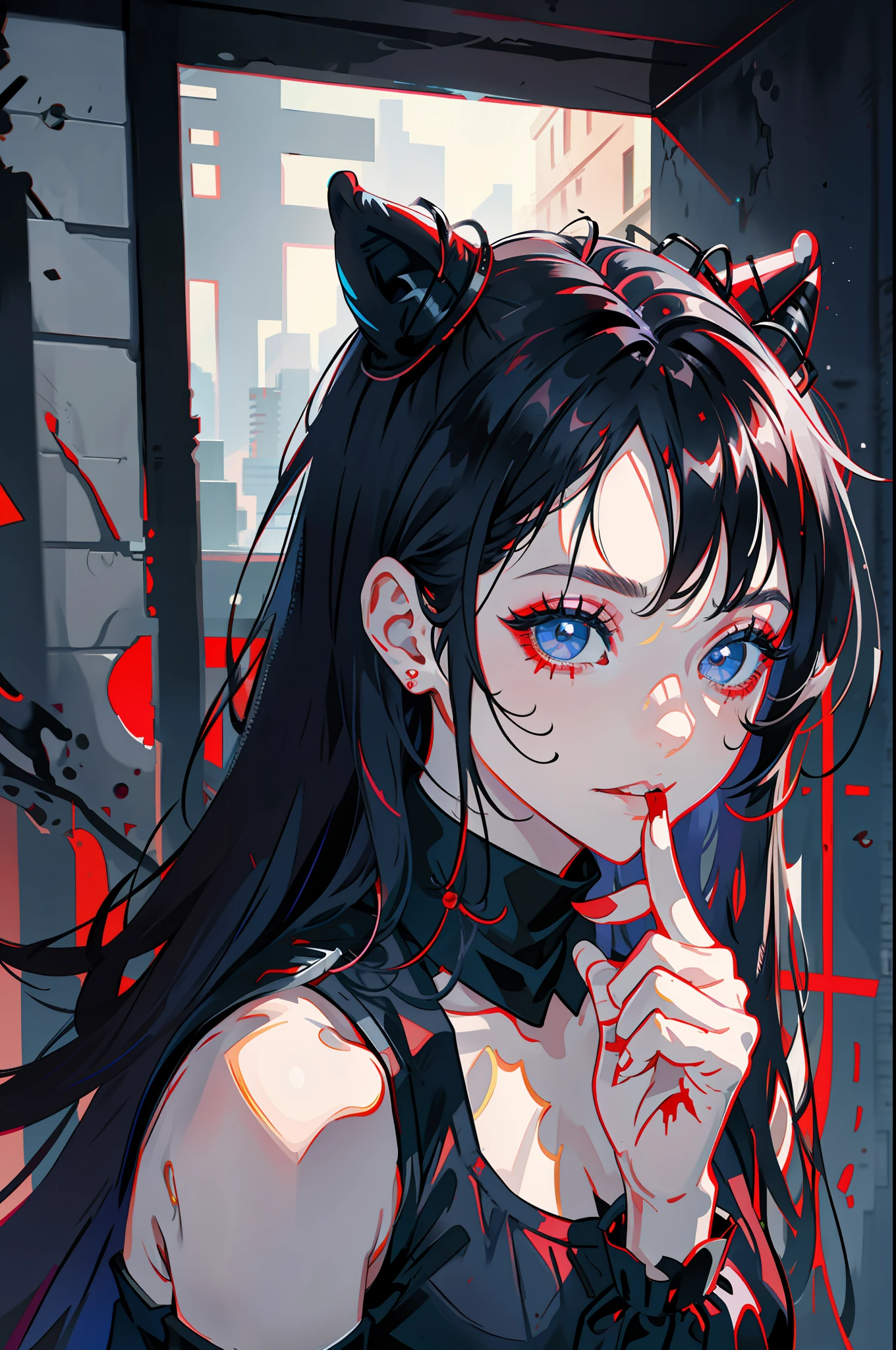 Vanessa_Colgurin, yandere, crazy eyes, crazy, crazy smile, masterpiece, 1girl, solo, solo focus, blood on face, blood, blood on clothes, nosebleed, psychopath, horror \(theme\), black hair, sleeveless, black sleeveless turtleneck, upper body, finger to mouth, finger biting, messy hair,
