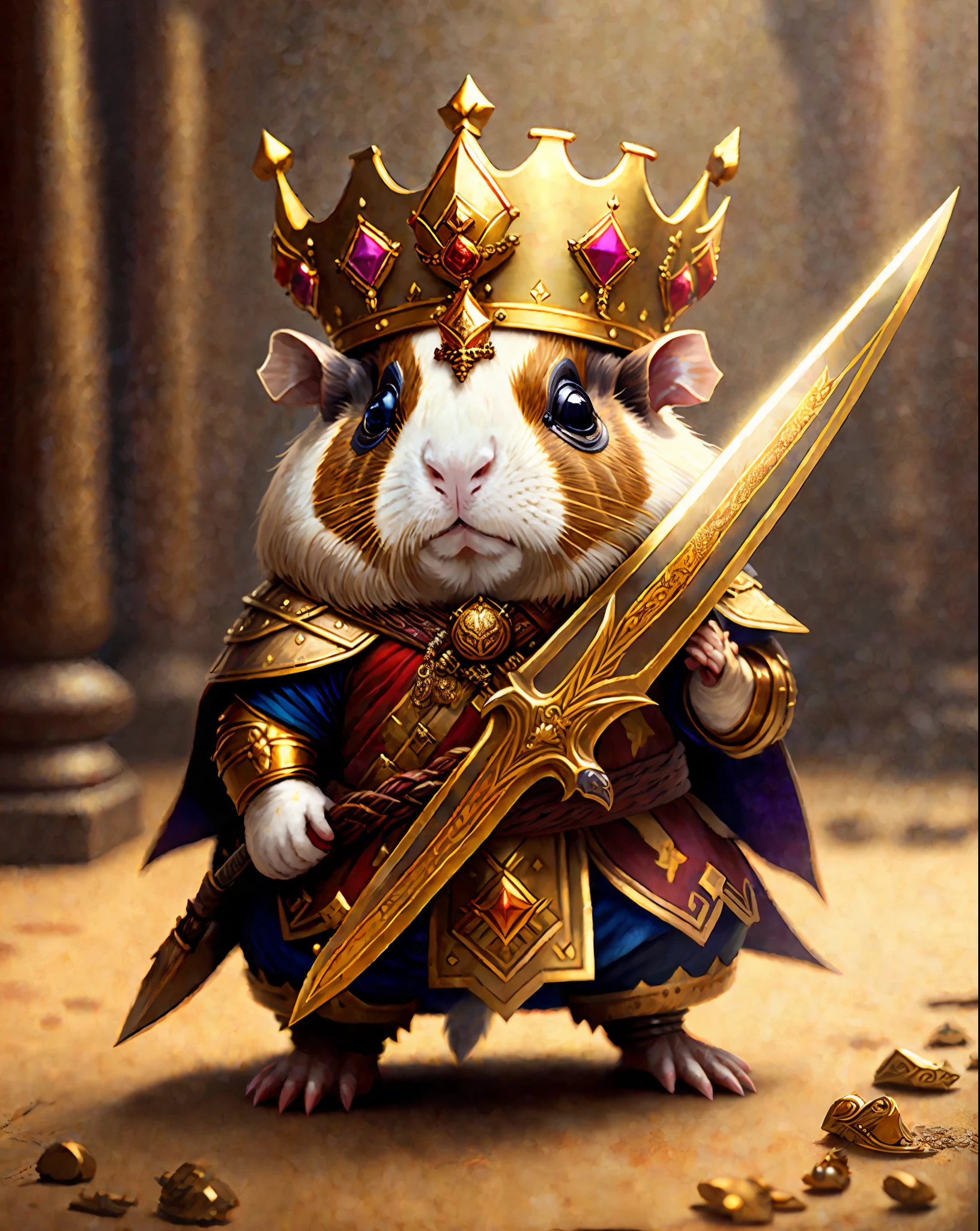 guinea pig with crown and golden sword, bloody eyes, by greg rutkowski, very detailed, sharp focus, magic the gathering, 8 k, intricate, dramatic