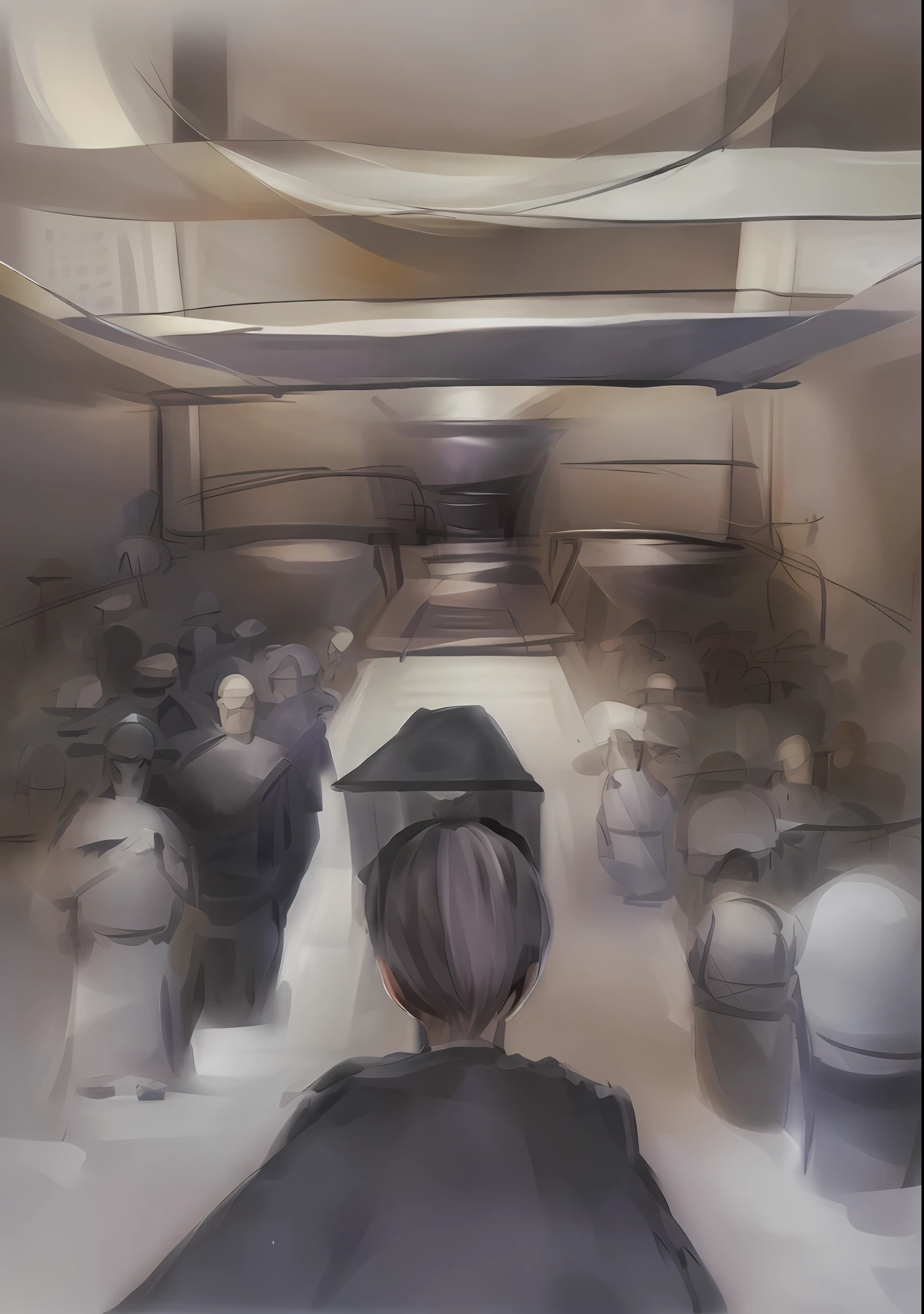 a drawing of a man standing in front of a crowd of people, court room sketch, sketch of oculus rift, facing to audience, line sketch, whole page illustration, court drawing, audience, courtroom drawing, full page illustration, concept piece, line work concept art, clean ink detailed line drawing, crowd, sketch illustration, courtroom sketch, full - view