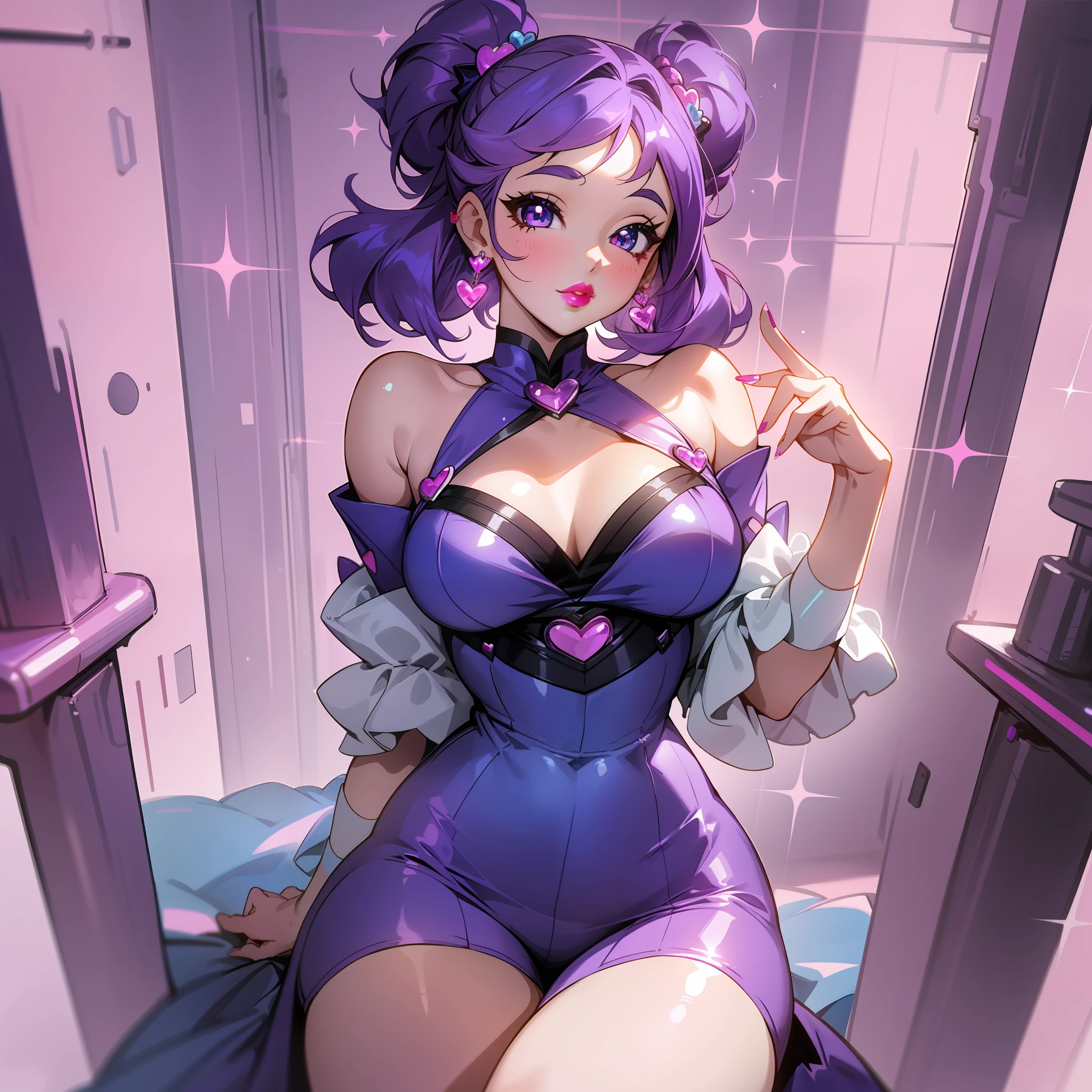 1girl, looking into camera, retro background, purple hair, sparkly eyes, full lips, lipstick, blue dress, pastel shorts, heart earrings, ab lines, anime style, thick lines