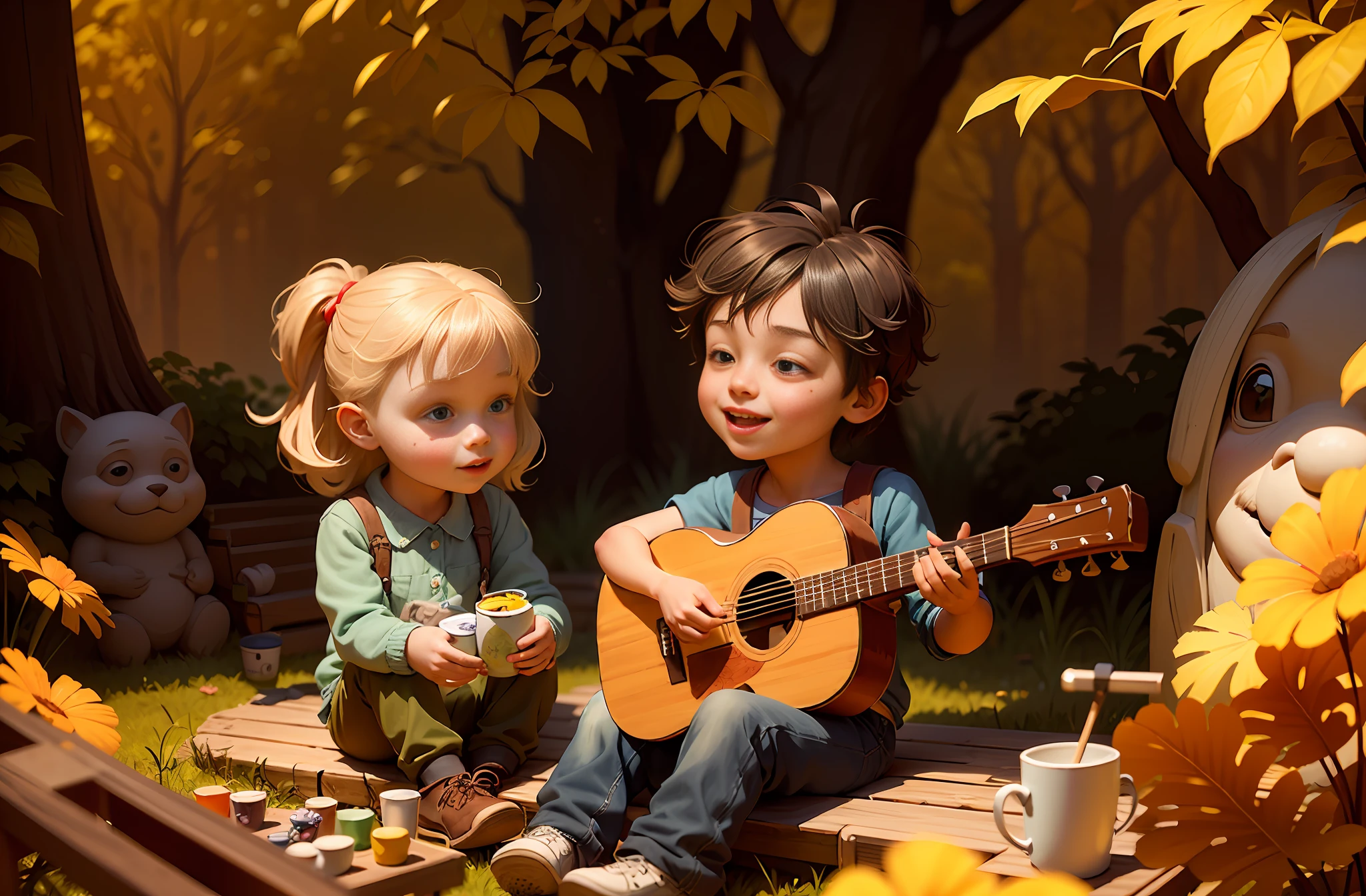 painting of two cheerful, lively, happy, celebrating children, sitting on a wooden platform on the clay floor, playing guitar in a forest, 3d drawing of friends, by Craig Davison, by Elaine Hamilton, playing little viola, by Orshi Drozdik, in the style of Shrek movie, animated film still, 3D animated film still, adorable disney pixar digital painting, by Eugeniusz Zak, cute art, by Nándor Katona, masterpiece, high quality.