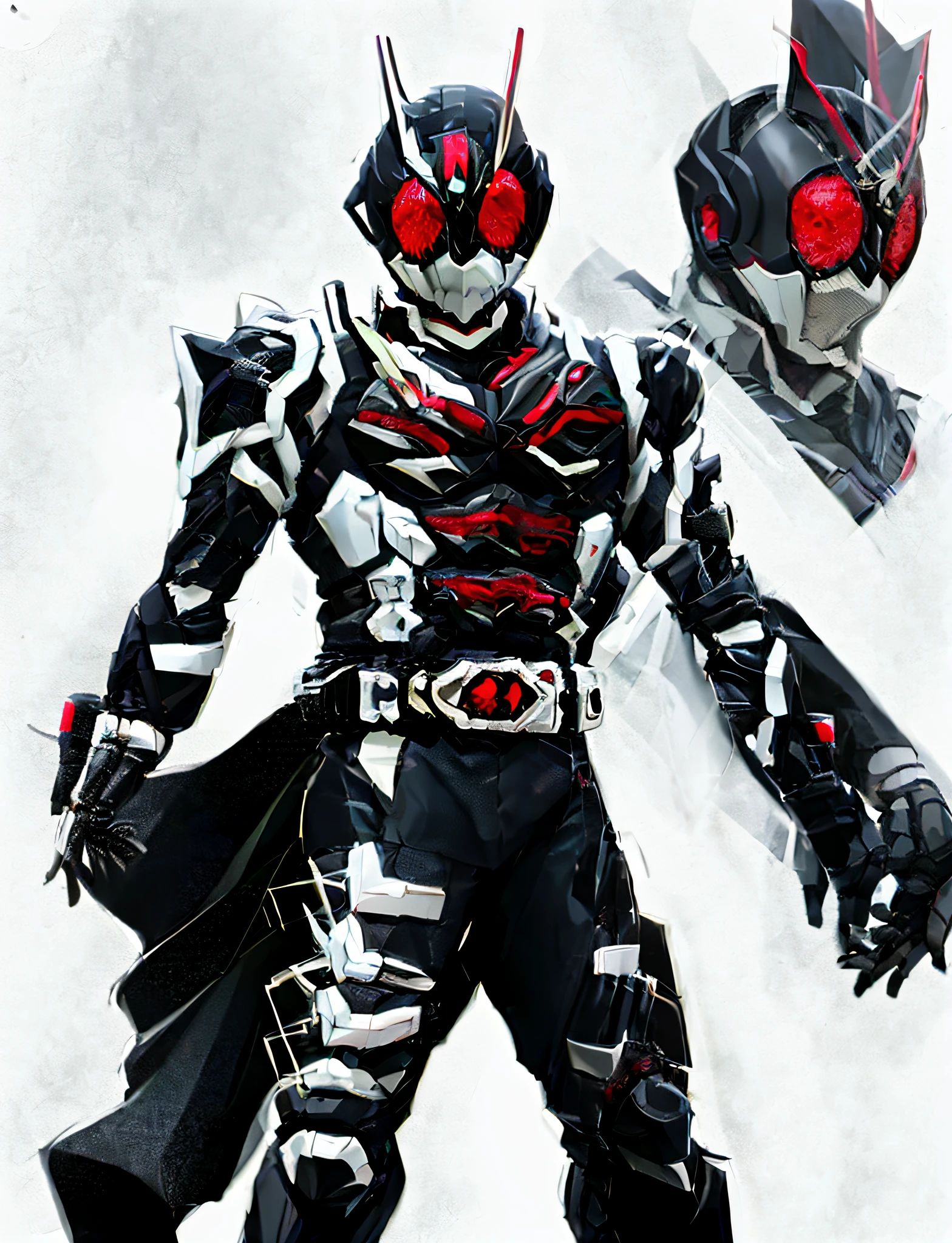 a close up of a person in a black and white suit, kamen rider character, full body x-force outfit, high fantasy kamen rider, cyber japan style armor, cyber japan armor, kamen rider, hev suit, cyber fight armor, kamen rider ghost, kamen rider action pose, glossy white armor, white and red armor, matt white color armor