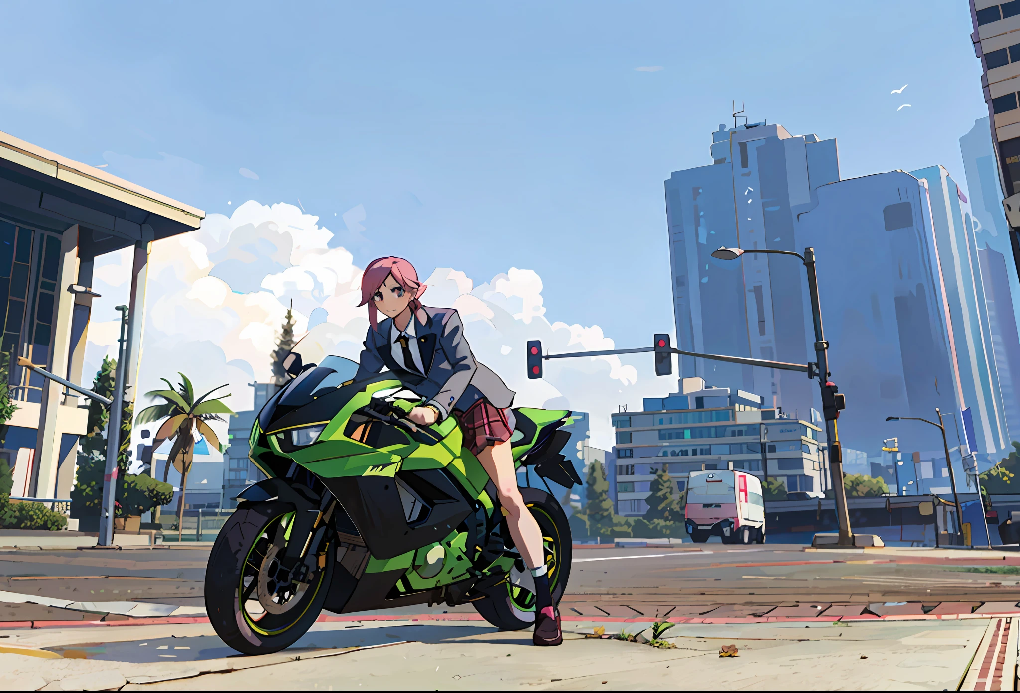 (best-quality:0.8), (best-quality:0.8), perfect anime illustration, anime style, suit uniform beautiful girl, pink hair, JK plaid skirt, cute girl