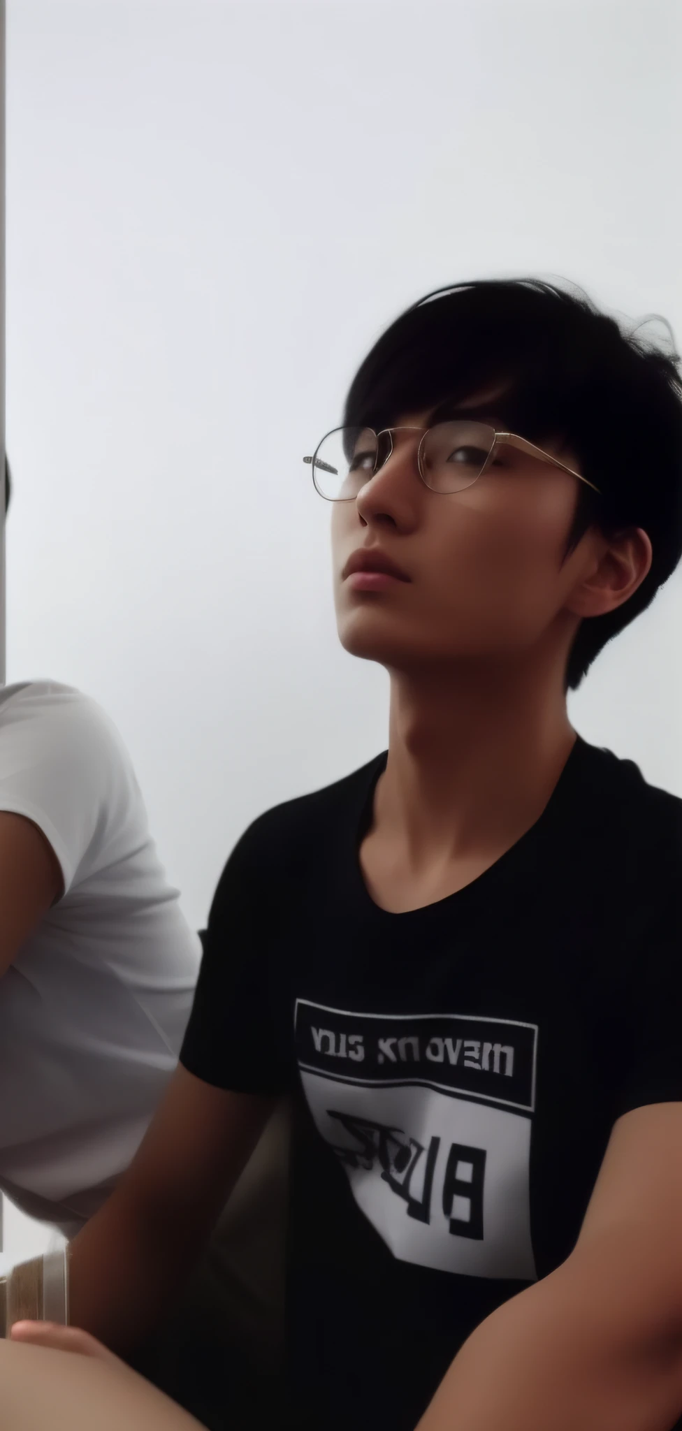 There is a man and a woman sitting at a table, holding a mobile phone, the video quality is low, the quality is very low, Sung Yanjun, Alesio Albi and Shin Jung-ho, wearing glasses, the picture quality is very low, 1 7 year old boy has a thin face, Wan cute Korean face, wearing thin large round glasses, low-quality shots steampunk style