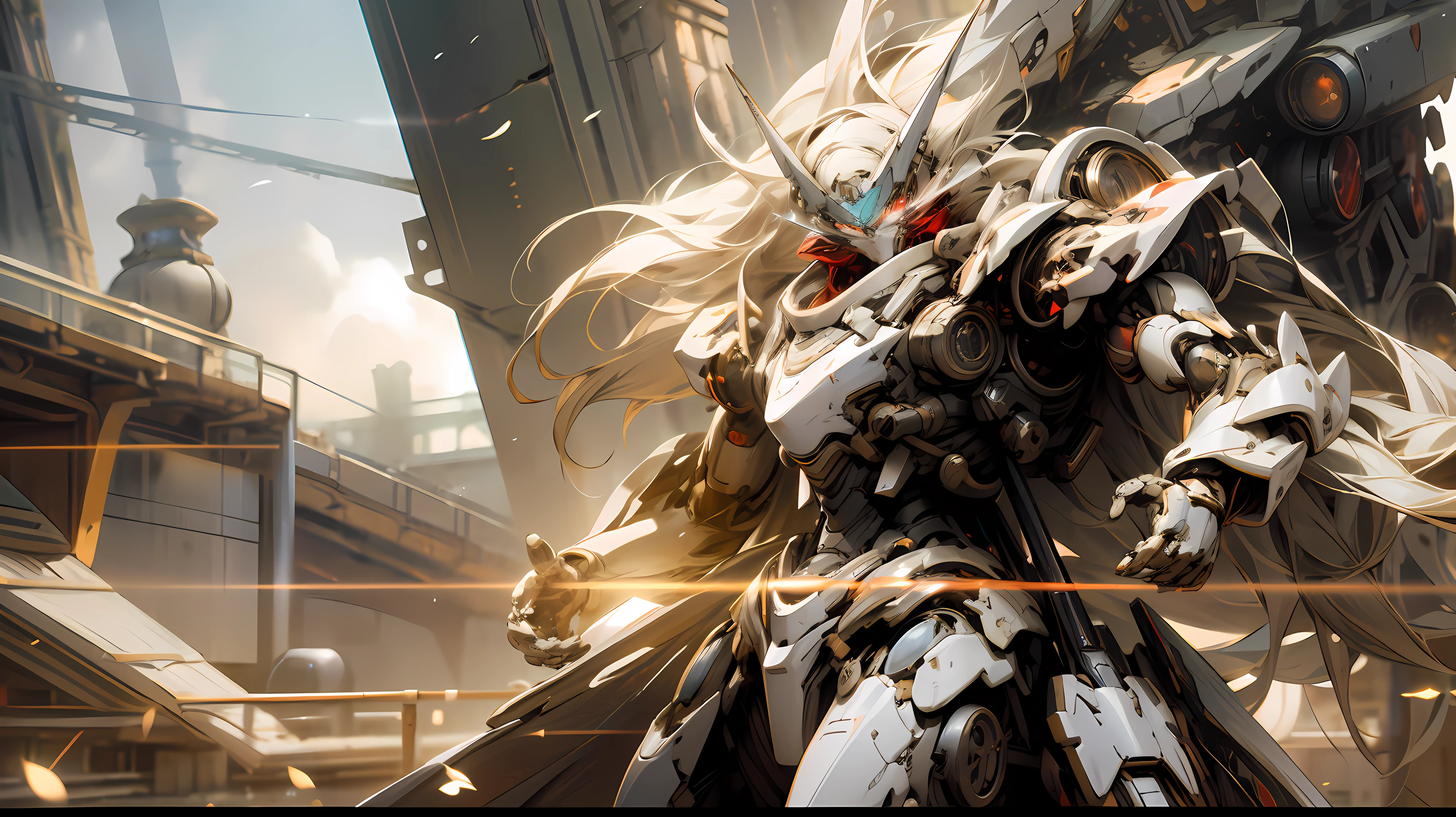 A beautiful game CG with the Doomsday theme as the main body, hyper-detailed, this is a light black and light white complex structure of the mecha, its hands hold a broad heavy armor sword, emitting a fiery red light: 1.2, the eyes emit dazzling red light: 0.8, 3D two-dimensional drawing, the scarf of breaking waves sways with the wind, anime drawing, chiaroscuro, light special effects, mecha detailed and exquisite, mecha face delicate and clear, light source on the eyes, background burning fire of the broken mechanical battlefield