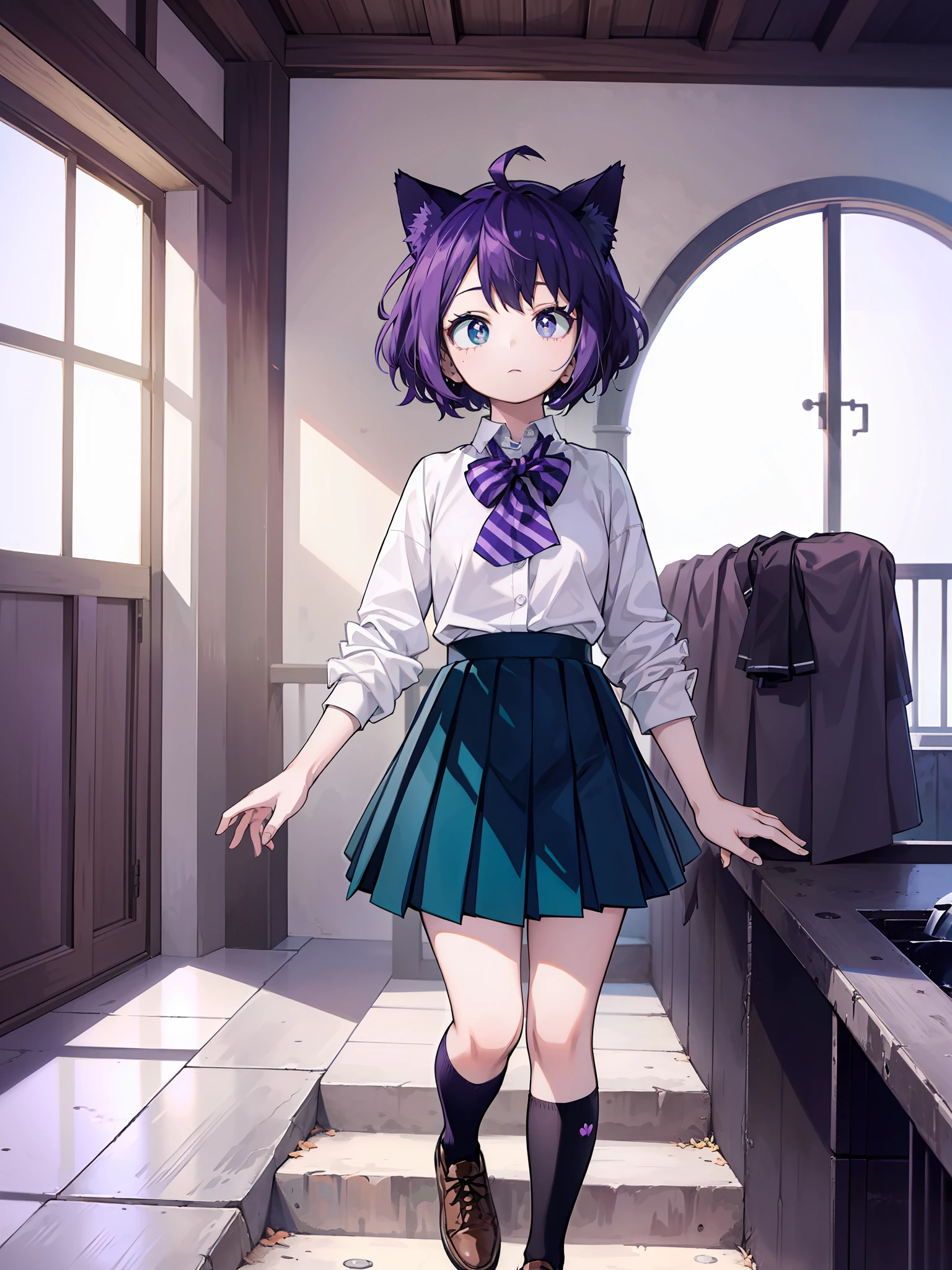 A , Short Hair, Purple Hair, Small Purple Cat Ears, A Purple Cat Tail, White Blouse, Rough Blaiser, Dark Green skirt, Long white socks, Brown shoes, Amine style