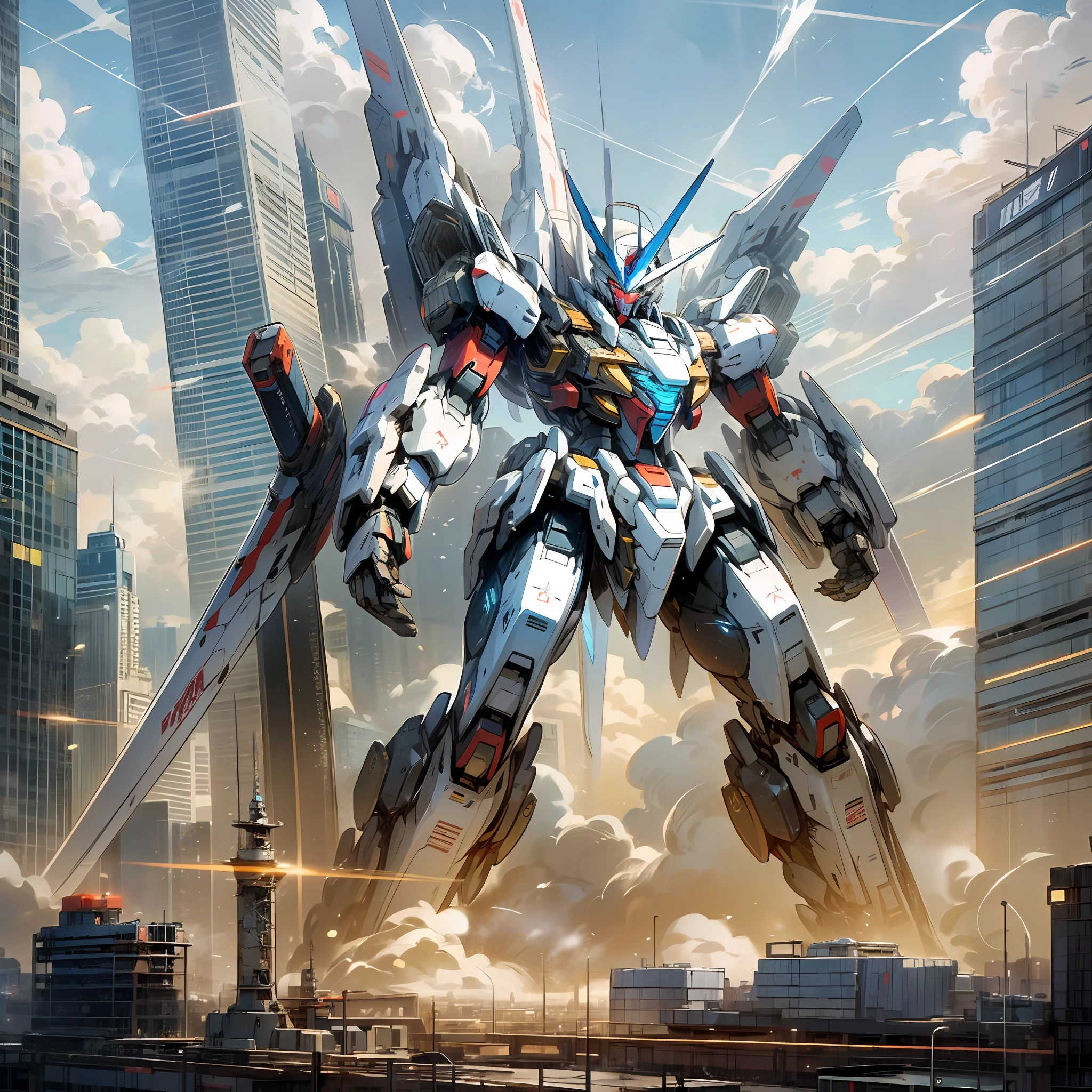 Sky, Clouds, holding_weapon, no_humans, Glow, Robot, Building, glowing_eyes, Mecha, Science Fiction, City, Reality, Mecha, Facial Focus, Blue and Red Metallic Luster, Cool Mecha Style, Gundam, Modern Mecha Anime, Mecha Art, Anime Large Mecha Robot, Anime Mecha Aesthetics, Mecha Anime, Mecha Inspiration, Mecha Aesthetics, High Quality Digital Concept Art, Super Clear Face Details --auto --s2