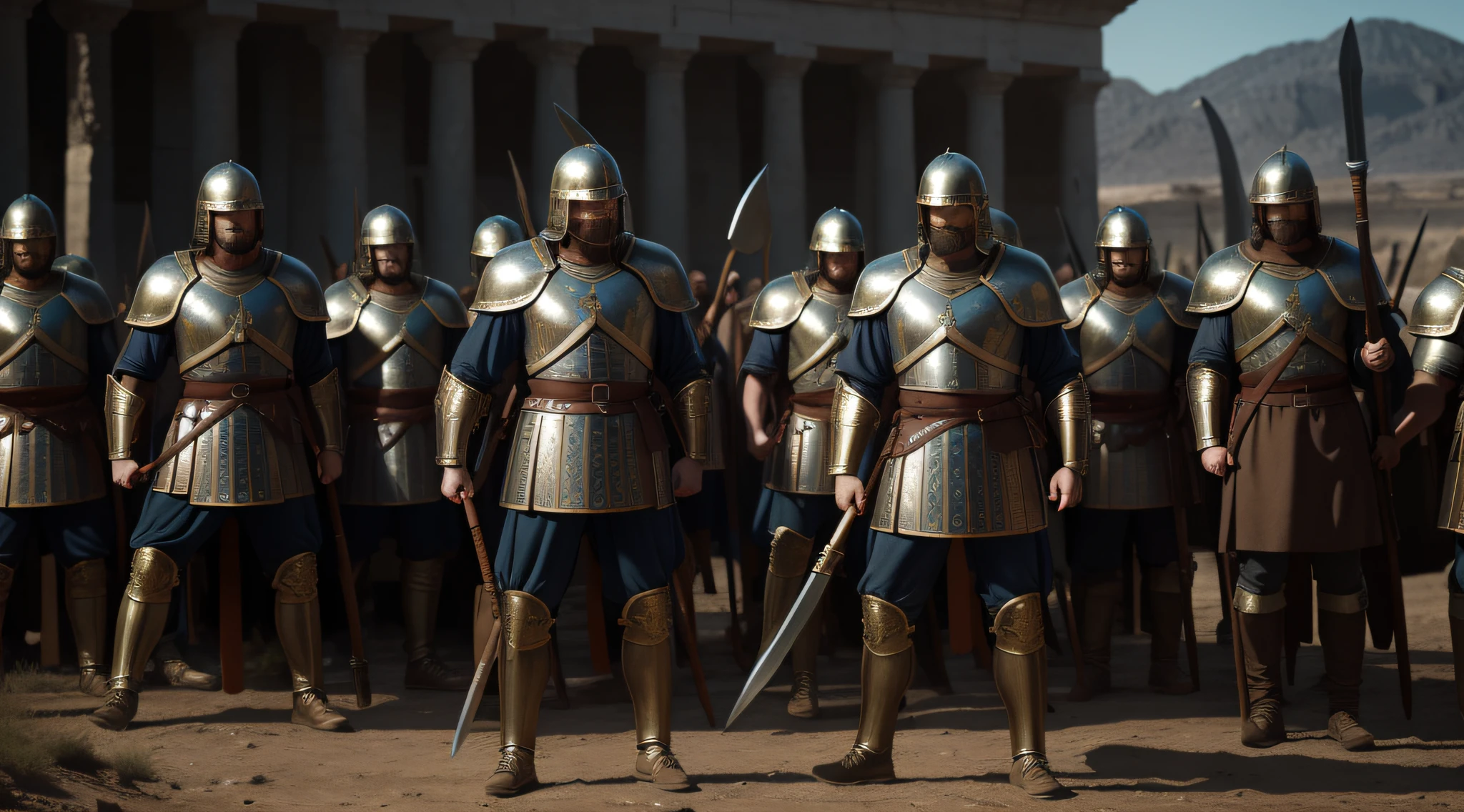 The Philistine soldiers around Goliath, wearing armor and armed with spears and axes. RAW photo, small details, photorealistic, ultra-realistic photo, 8k uhd, dslr, soft lighting, high quality, grain film, Fujifilm XT3, (masterpiece).