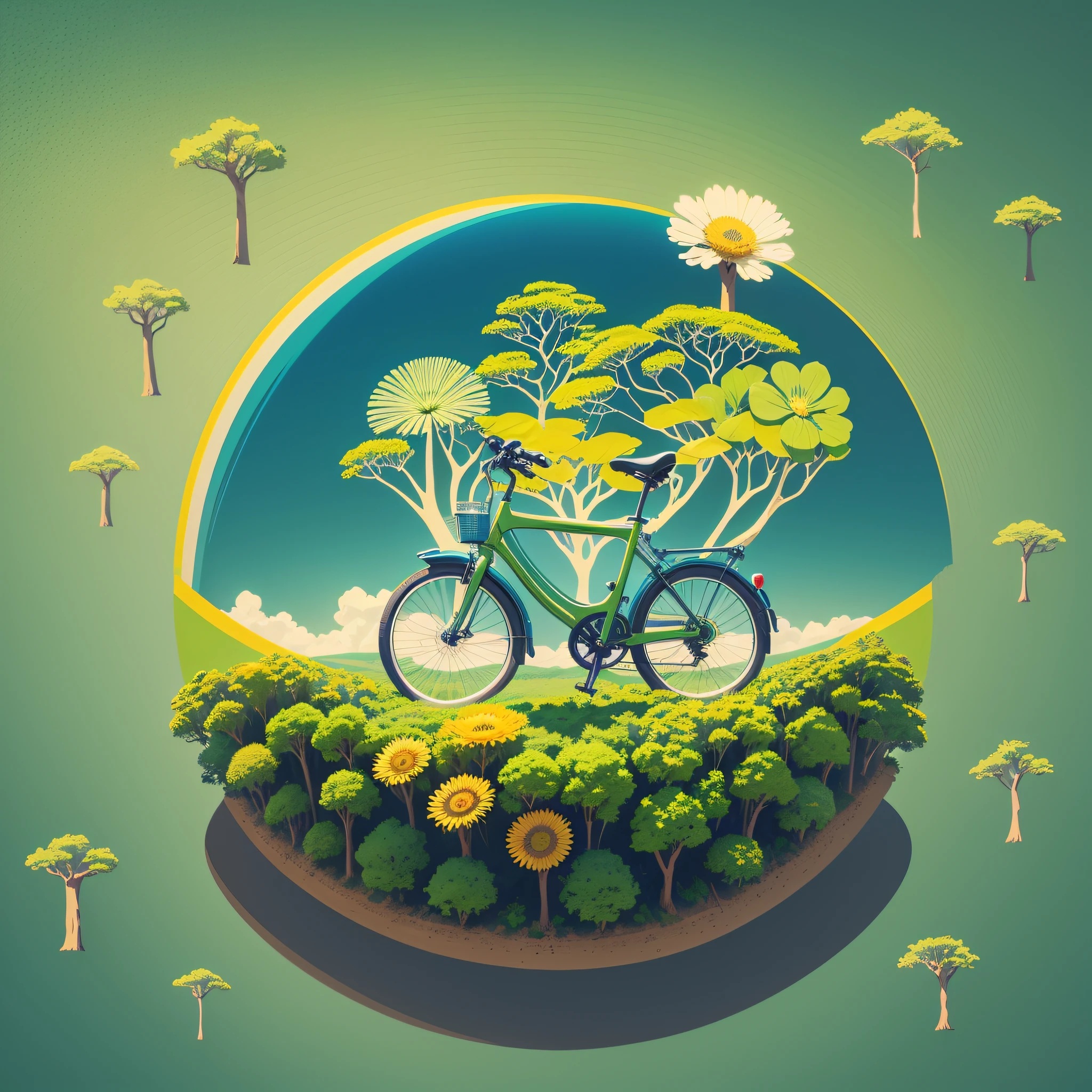 Earth Day poster, flat illustration, super cute bike in green spherical earth, trees, flowers, landscape, blue, green, yellow, simple background, center composition, bright colors, chiaroscuro, super high detail, 4k, flat illustration --auto --s2