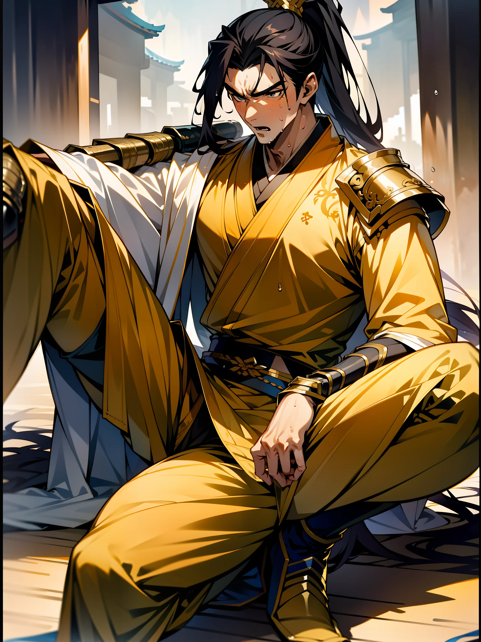 1 male, sweating, open mouth, drooling, wet, wet, sweaty pectorals, sweaty abs, sweaty crotch, golden costume Hanfu, dragon robe, handsome face, highest image quality, dark skin, high ponytail long hair, detail Hanfu, wearing arm guards, armor, leg guards (leg nails), leggings, ancient boots (ancient Chinese military boots), appearance looks like a general, squat, split legs squat, half squat, holding a sword, sweating crotch, crotch shape, crotch sweating, long legs, leg contour, thigh close-up, calf close-up, perfect legs