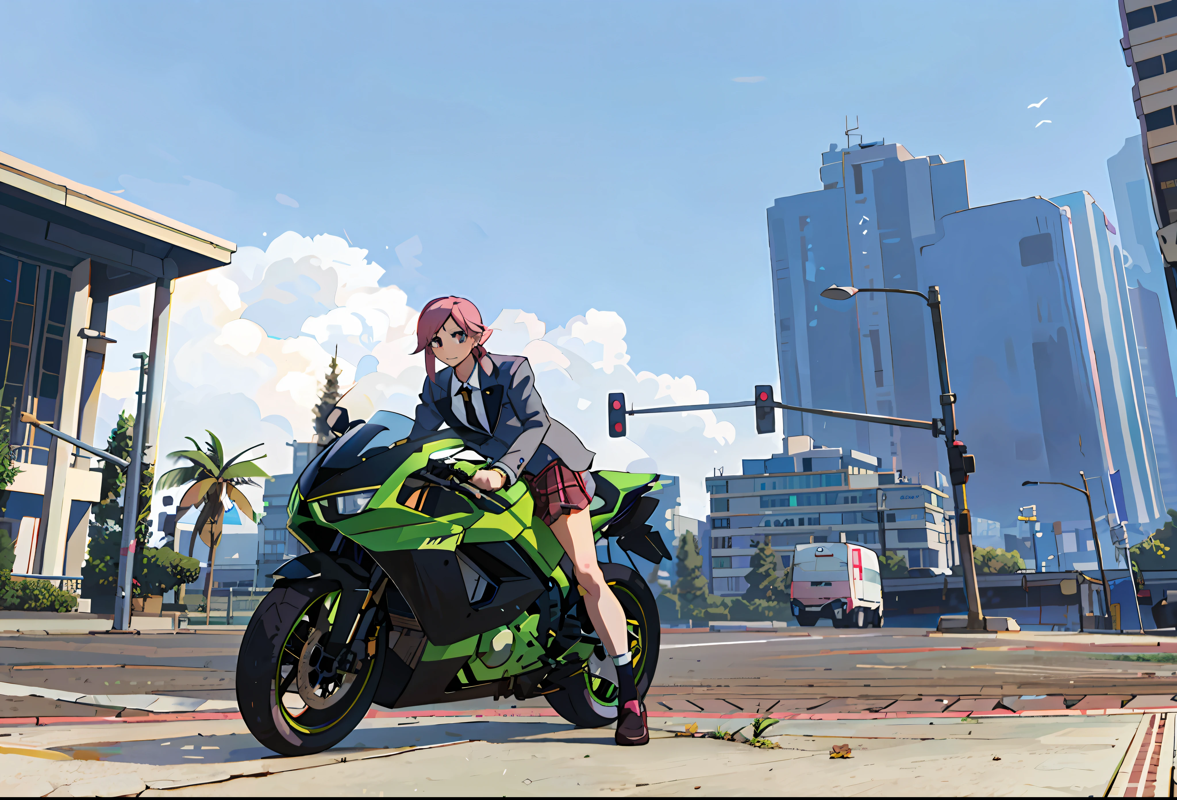 (best-quality:0.8), (best-quality:0.8), perfect anime illustration, anime style, suit uniform beautiful girl, pink hair, JK plaid skirt, cute girl