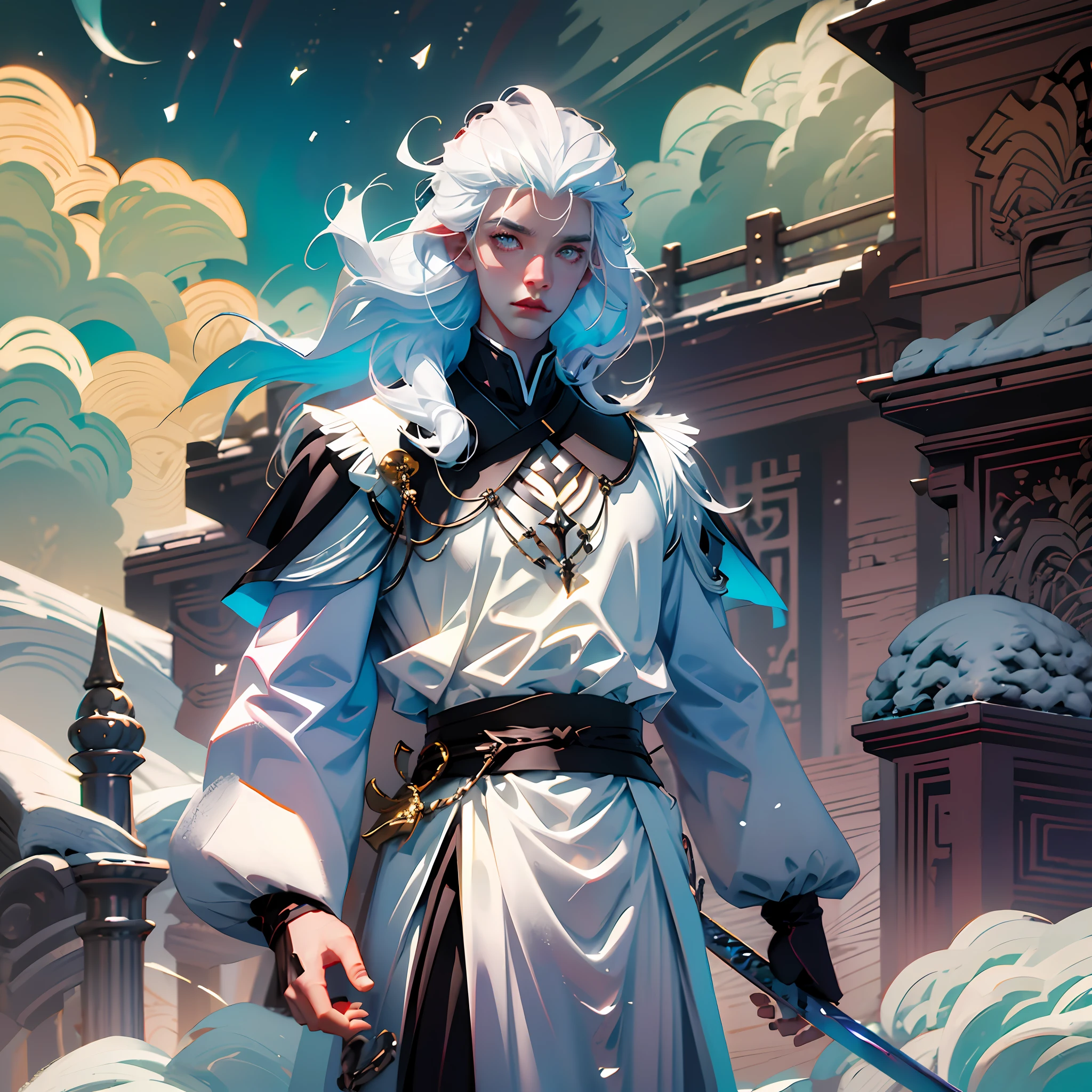 Gao cold white-haired handsome guy, anime style, white skin, wearing a snow-white gold-trimmed blouse, noble status, no beard, very young, standing on the temple, holding a black and white contrast sword on the left, hot blood and courage, holding a black and white contrast sword on the right, heroic and awe-inspiring. --auto --s2