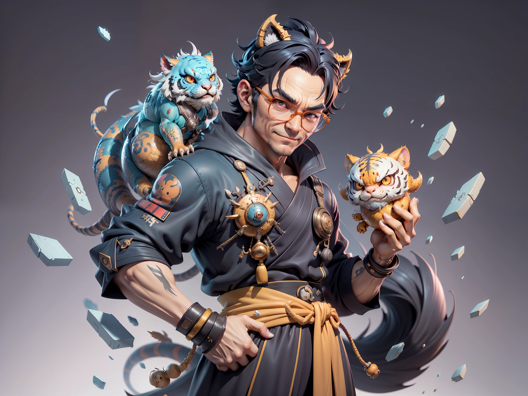 (Masterpiece), (Excellent), (Super Meticulous), (Full Body: 1.2), Super Young Man with Japanese Female Geisha, Pretty, Beautiful, Chinese Dragon, Tiger, Wind God Thor, Sexy, Bursting, Oriental Face, TV Anchor, Bust Portrait Illustration, Black Suit, Blue Tie, Slightly Chubby Face, Silver Glasses, Very Clean Face, No Beard on Chin, Black Super Short Hair, Black Eyes, Confident Smile, 3c Computer Sub-Products, iPad, iPhone, Digital Painting, 3D character design by Mark Clairedon and Pixar and Hayao Miyazaki and Akira Toriyama, the illustrations are HD illustrations in 4K resolution with highly detailed facial features and cartoon-style visuals.