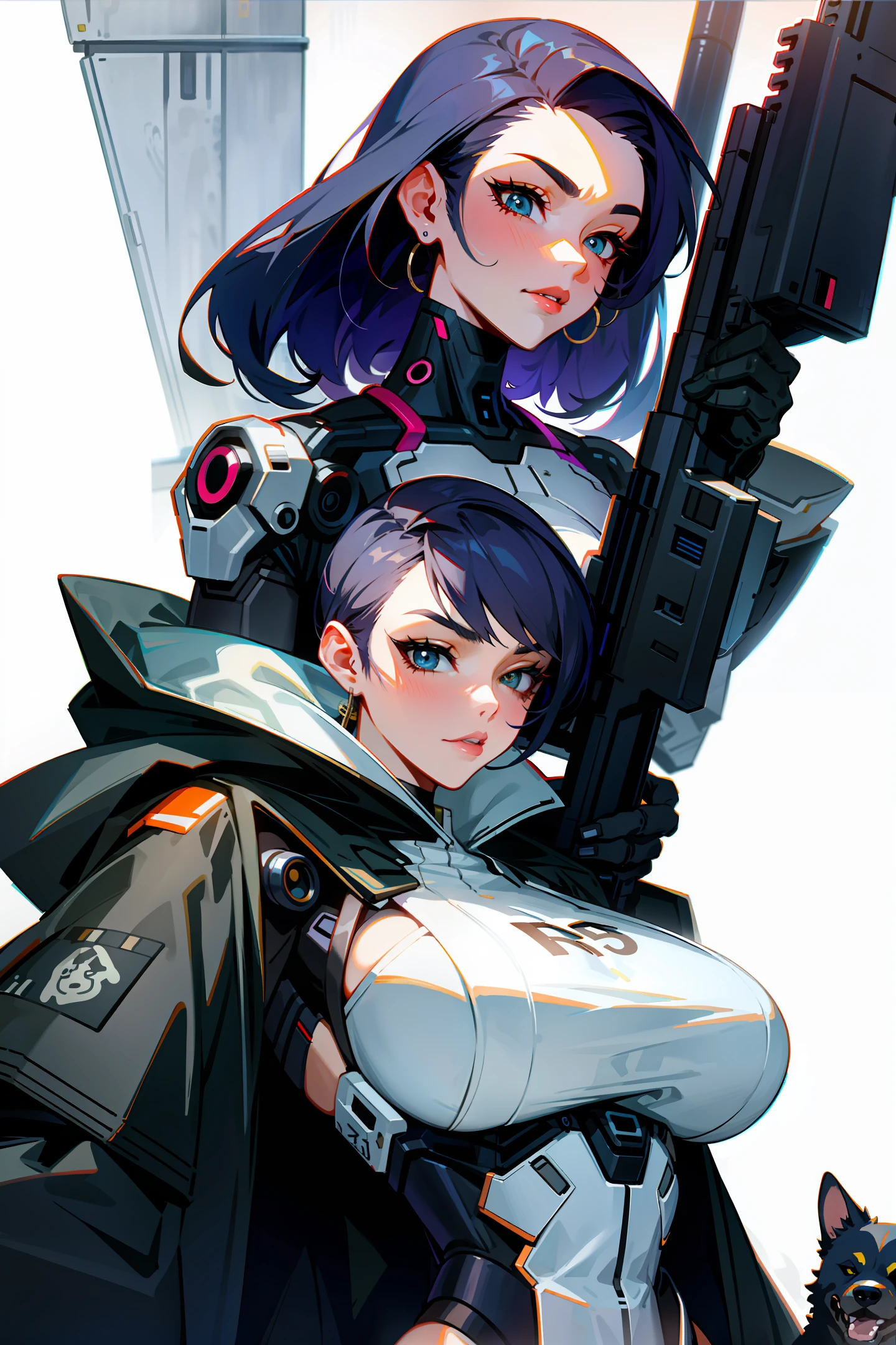 Beautiful Cyborg woman big breasts in Japan with guns and a dog