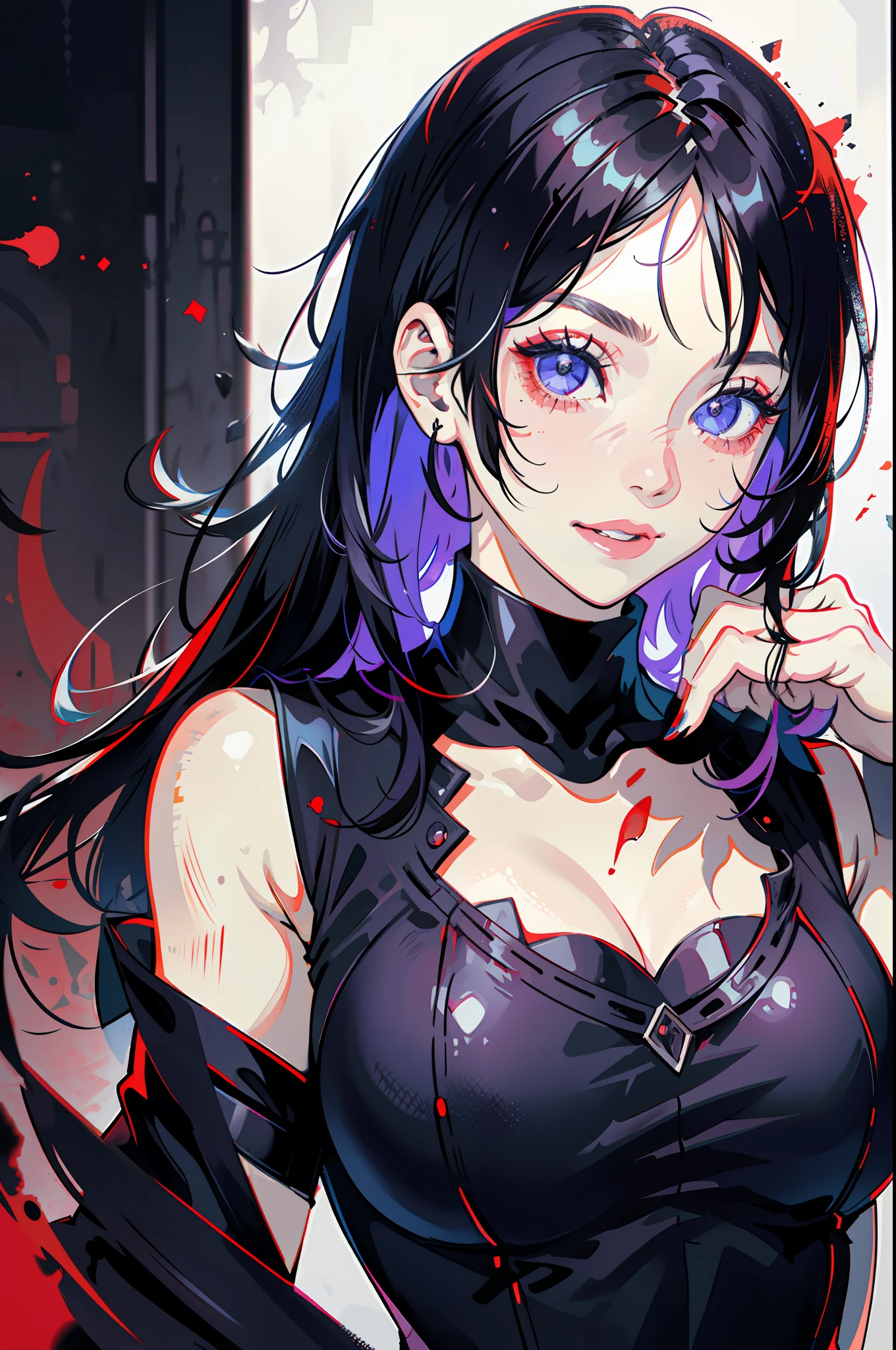 Vanessa_Colgurin, yandere, crazy eyes, crazy, crazy smile, masterpiece, 1girl, solo, solo focus, blood on face, blood, blood on clothes, nosebleed, psychopath, horror \(theme\), black hair, sleeveless, black sleeveless turtleneck, upper body, finger to mouth, finger biting, messy hair,