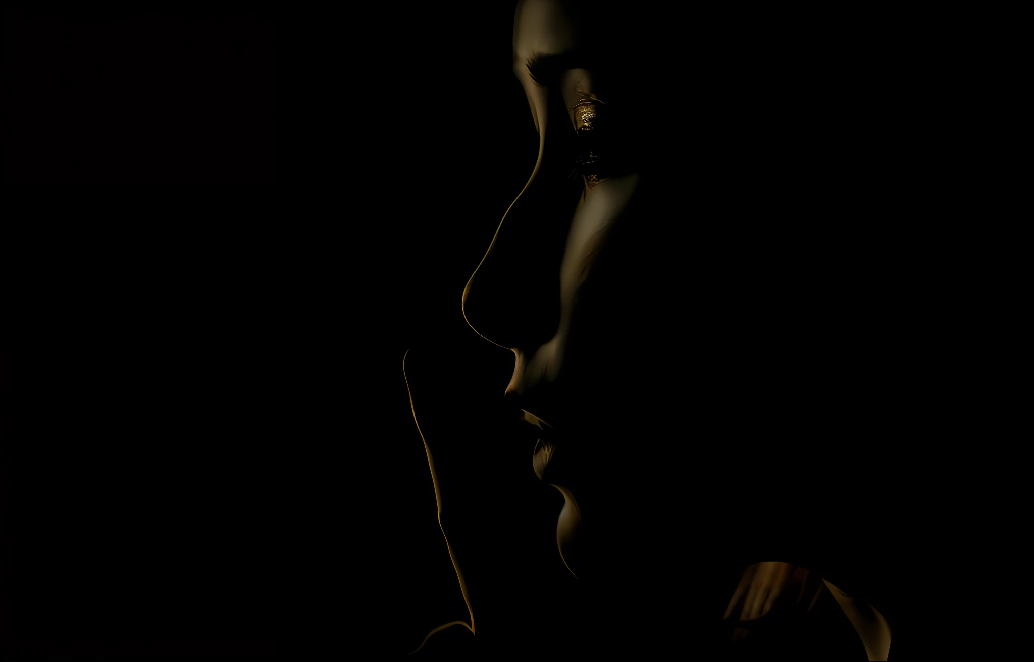 there is a woman that is holding her finger to her lips, hand over mouth, hand on her chin, low-key, close - up profile face, close up portrait photo, low key dramatic lighting, against a deep black background, a woman's profile, female image in shadow, mysterious portrait of a woman, chiaroscuro portrait, creating an ominous presence