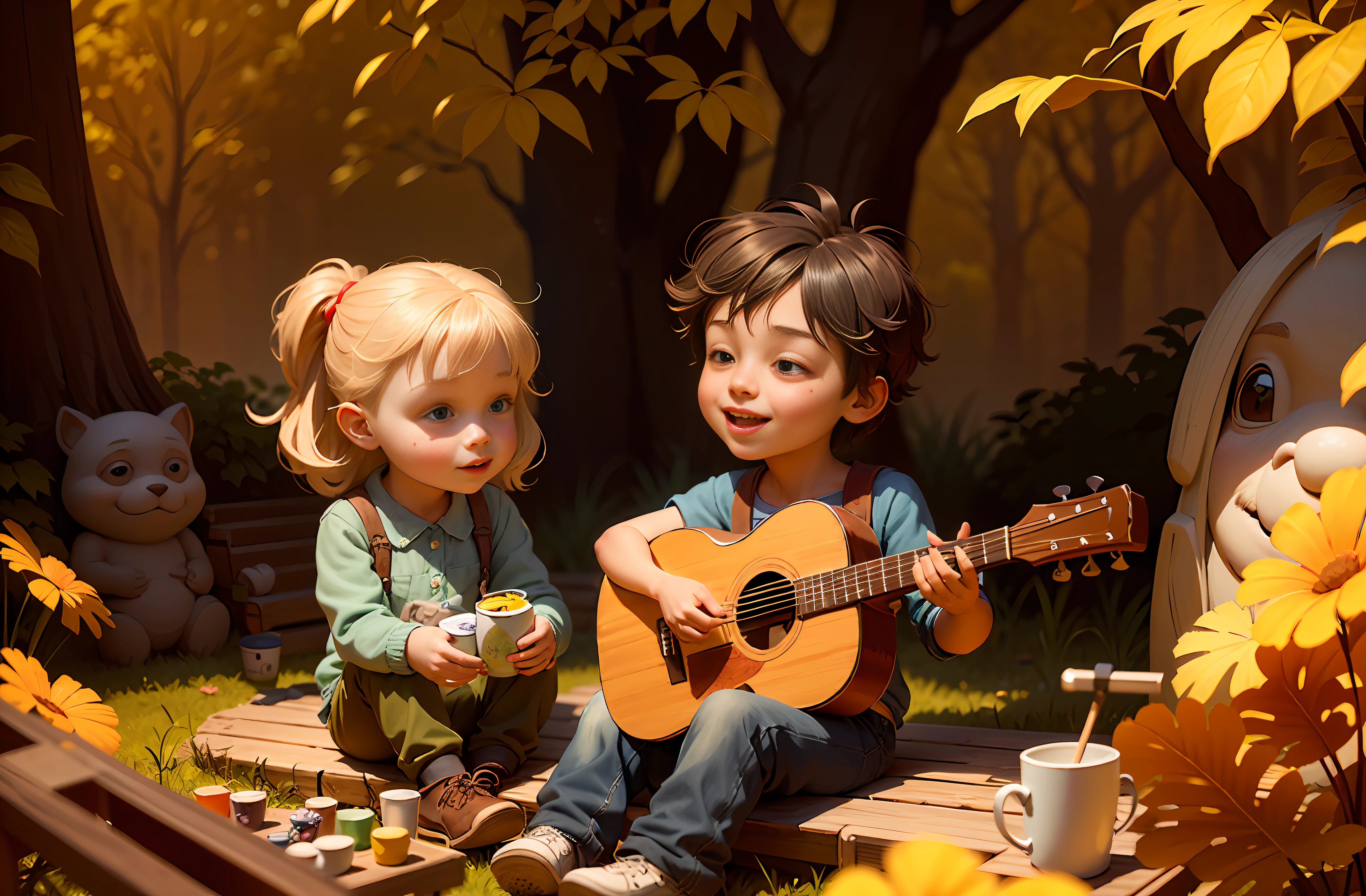 painting of two cheerful, lively, happy, celebrating children, sitting on a wooden platform on the clay floor, playing guitar in a forest, 3d drawing of friends, by Craig Davison, by Elaine Hamilton, playing little viola, by Orshi Drozdik, in the style of Shrek movie, animated film still, 3D animated film still, adorable disney pixar digital painting, by Eugeniusz Zak, cute art, by Nándor Katona, masterpiece, high quality.