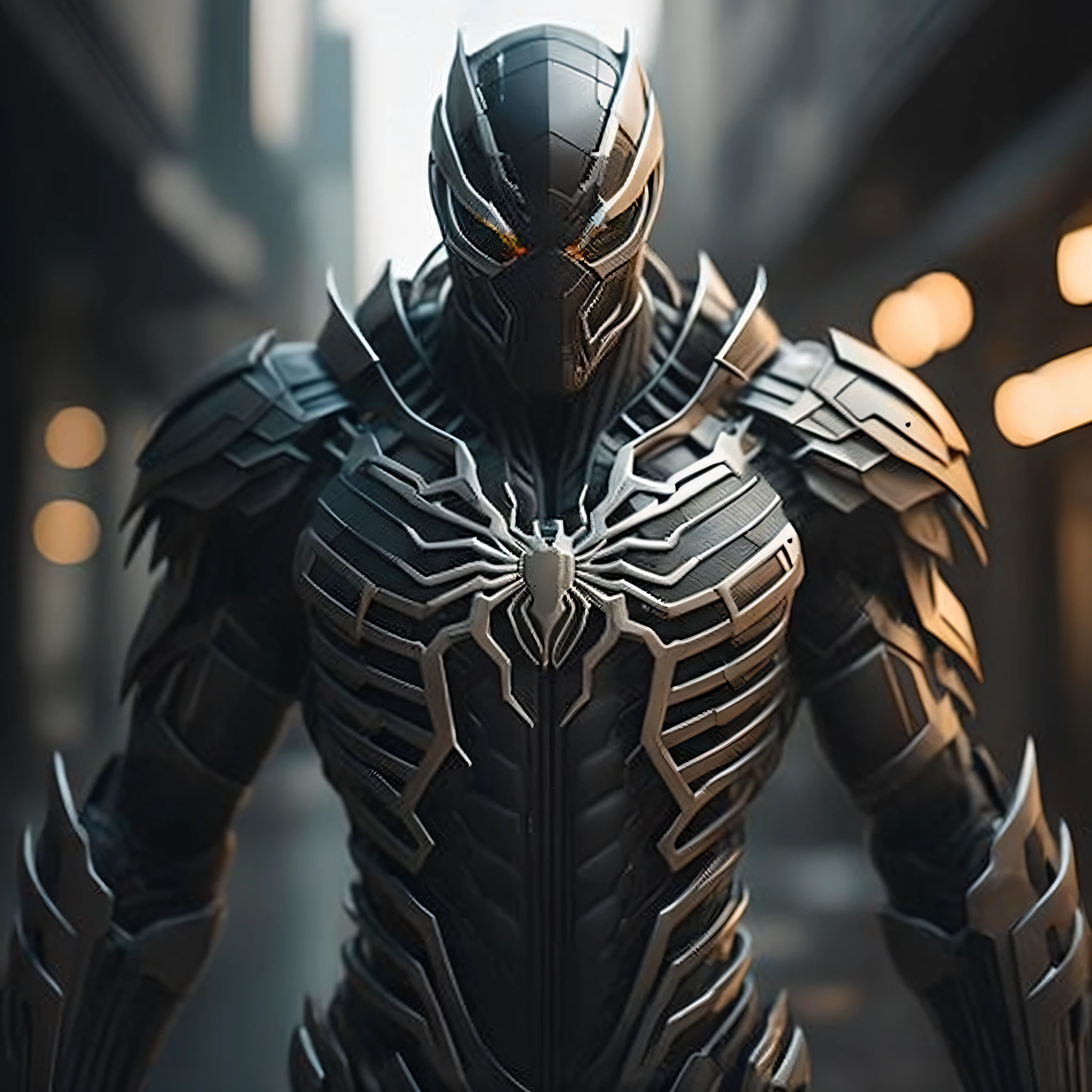 a close up of a person in a black suit with armor, movie still of a villain cyborg, cgsociety uhd 4k highly detailed, infinity blade armor, cgsociety 8 k, cgsociety 8k, cgsociety 8k, cinematic 3d render, crysis nanosuit, intricate cyborg armor, intricate metal armor, cinematic front shot, into the spider verse style , across the spider verse style