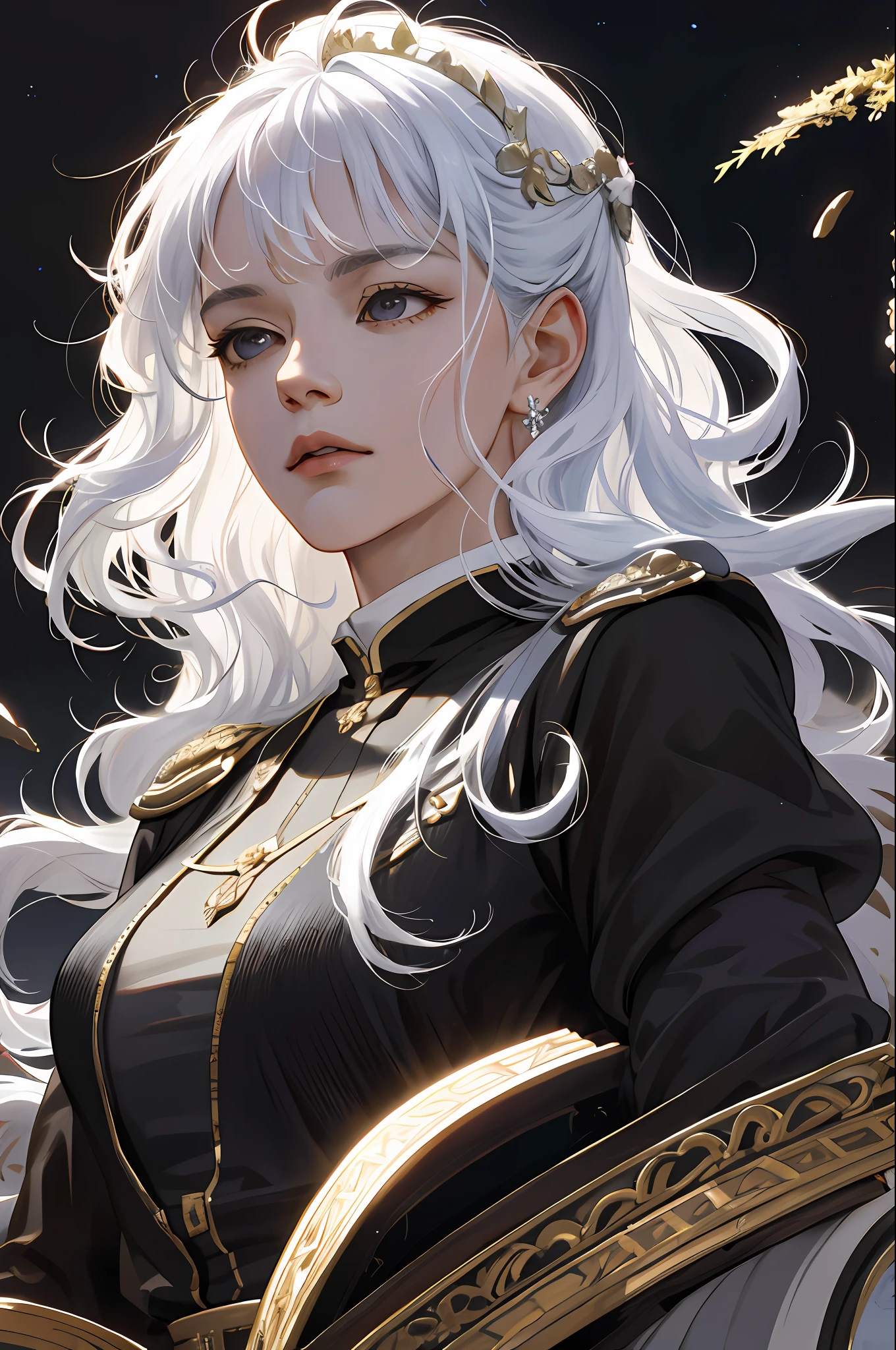 (absurdres, highres, ultra detailed), 1woman, mature female, aged up, wavy long hair, white hair, black eyes, bangs, long sleeves, finely detailed eyes and detailed face, extremely detailed CG unity 8k wallpaper, intricate details,  looking down, solo, half shot, detailed face, stoic expression, dynamic pose, flowing hair, classical era, (ancient roman theme:1.1), roman mythology,  Roman empire,  Capua, ancient vineyard, oracle,  cape,  iron accessories, ancient theme, (flourishing civilization:1.1), pristine white marble, (intact:1.1) marble buildings,  hills in background, brazier, burning embers, night, darkness, stars, aura of light, majestic atmosphere, floating stone particles,, portrait, wind swirling