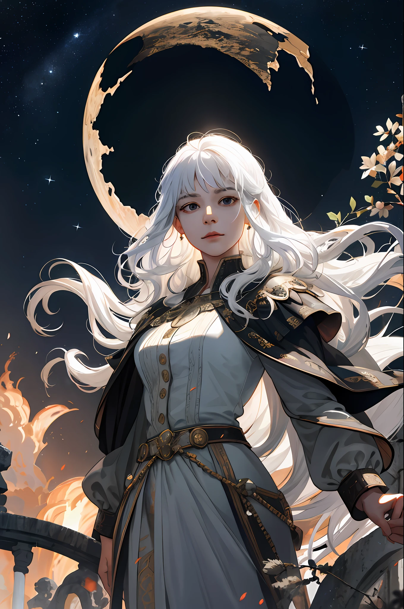 (absurdres, highres, ultra detailed), 1woman, mature female, aged up, wavy long hair, white hair, black eyes, bangs, long sleeves, finely detailed eyes and detailed face, extremely detailed CG unity 8k wallpaper, intricate details,  looking down, solo, half shot, detailed face, stoic expression, dynamic pose, flowing hair, classical era, (ancient roman theme:1.1), roman mythology,  Roman empire,  Capua, ancient vineyard, oracle,  cape,  iron accessories, ancient theme, (flourishing civilization:1.1), pristine white marble, (intact:1.1) marble buildings,  hills in background, brazier, burning embers, night, darkness, stars, aura of light, majestic atmosphere, floating stone particles,, portrait, wind swirling