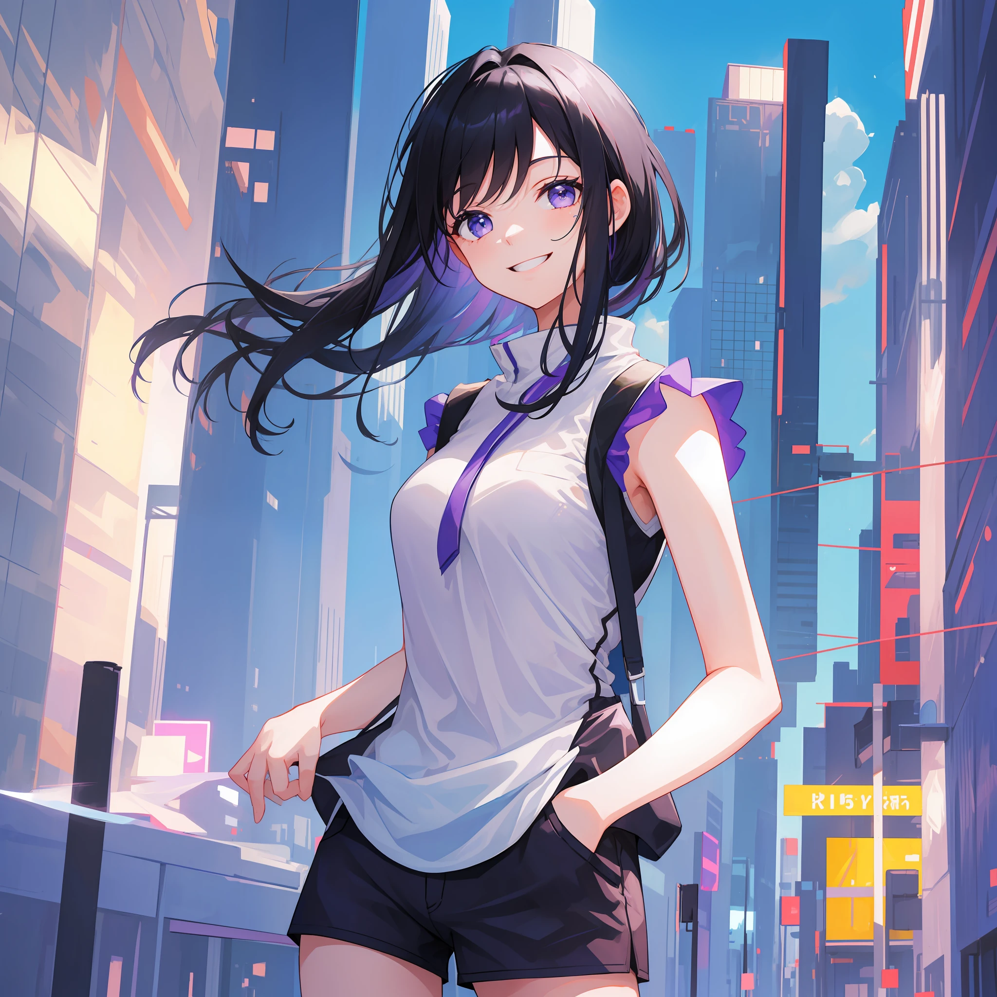 ((masterpiece, highest quality)), blue mesh on black hair, medium hair, 1 girl, white sleeveless, shorts, outdoor, solo, light purple eyes, hands in pockets, standing, smiling, city,