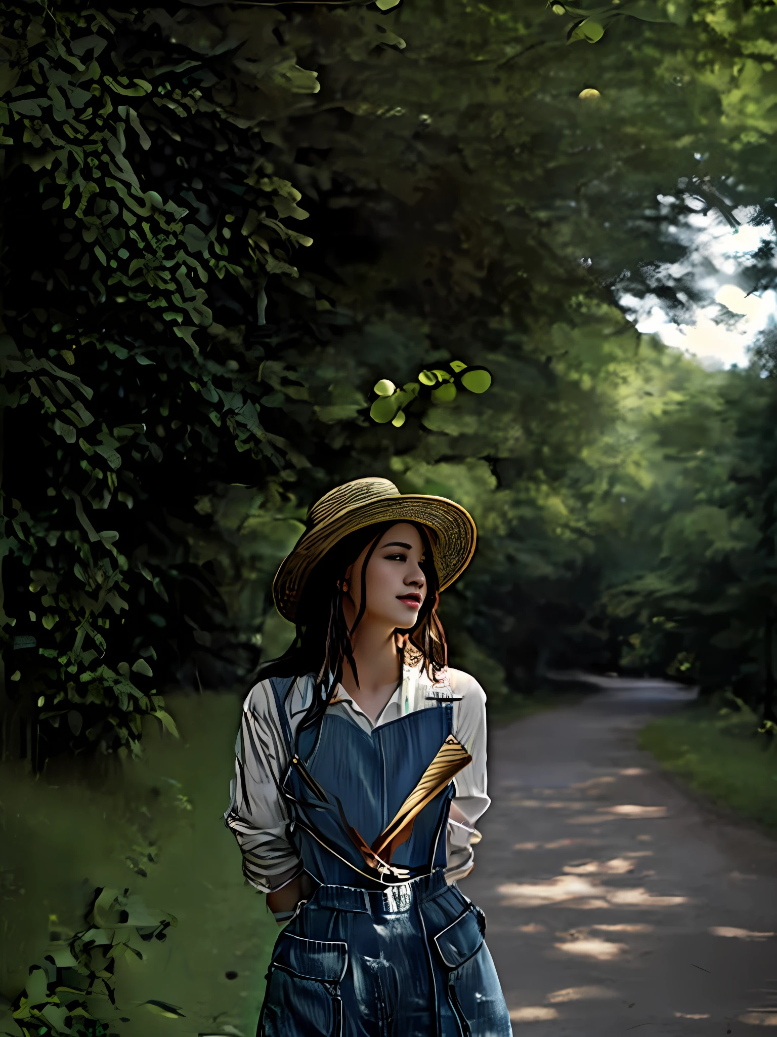 8k, realistic, best quality,woman in a hat and overalls standing on a path, wearing a straw hat and overalls, wearing straw hat, with straw hat, a young asian woman, 7 0 mm portrait, girl walking in forest, 60mm portrait, she is wearing a hat, photo of a woman, woman with hat, infp young woman, 50mm portrait