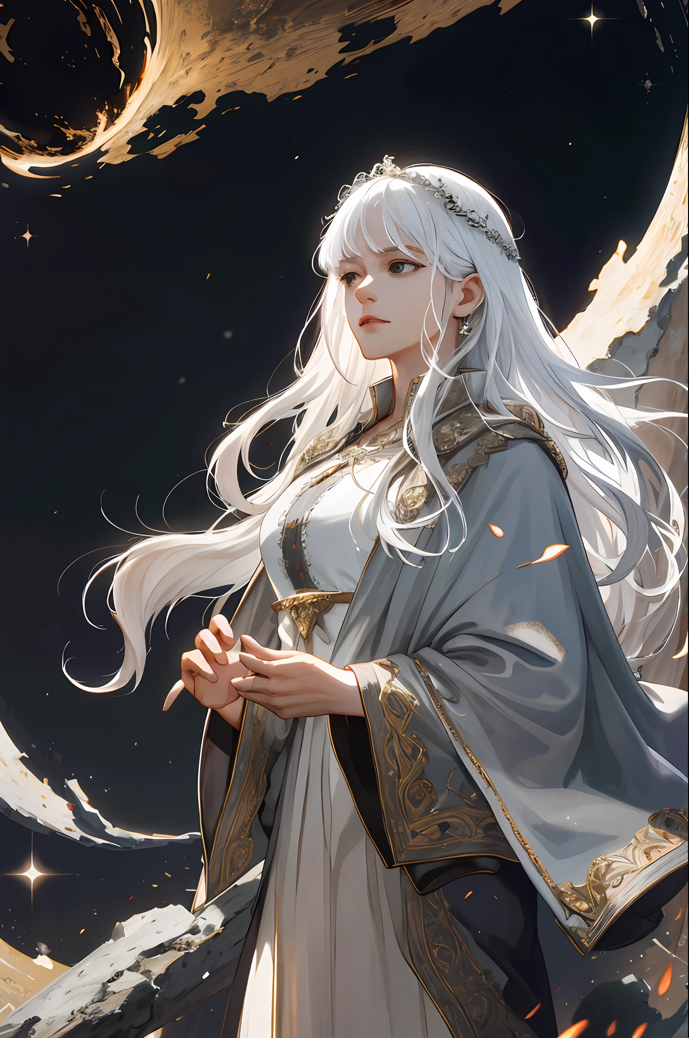 (absurdres, highres, ultra detailed), 1woman, mature female, aged up, wavy long hair, white hair, black eyes, bangs, long sleeves, finely detailed eyes and detailed face, extremely detailed CG unity 8k wallpaper, intricate details, looking down, solo, half shot, detailed face, stoic expression, dynamic pose, flowing hair, classical era, (ancient roman theme:1.1), roman mythology, Roman empire, Capua, ancient vineyard, oracle, cape, iron accessories, ancient theme, (flourishing civilization:1.1), pristine white marble, (intact:1.1) marble buildings, hills in background, brazier, burning embers, night, darkness, stars, aura of light, majestic atmosphere, floating stone particles,, portrait, wind swirling
