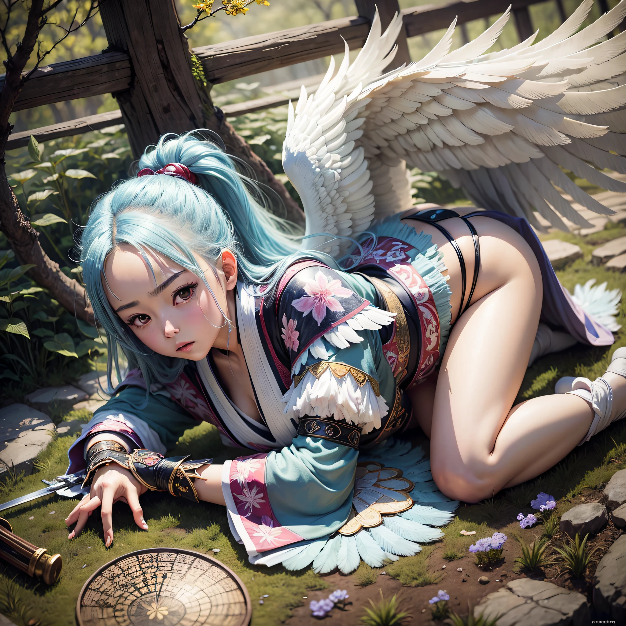 Top quality. Japan anime style. Angelic girl. Feathered. A world of swords and sorcery. Underwear. All fours. Upper eyes. --auto --s2