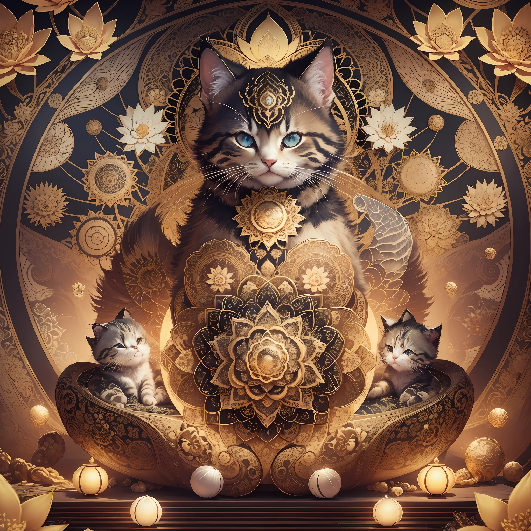 Masterpiece, highest quality, extremely detailed, 8k, fractal art, very beautiful and cute kitten, decoration of gold, diamonds, pearls, etc., one big lotus flower, zazen, meditation, divinity, summer, drops, linden, nirvana, kamisen water-like, mandala pattern, reincarnation, complex and gorgeous background, --auto --s2