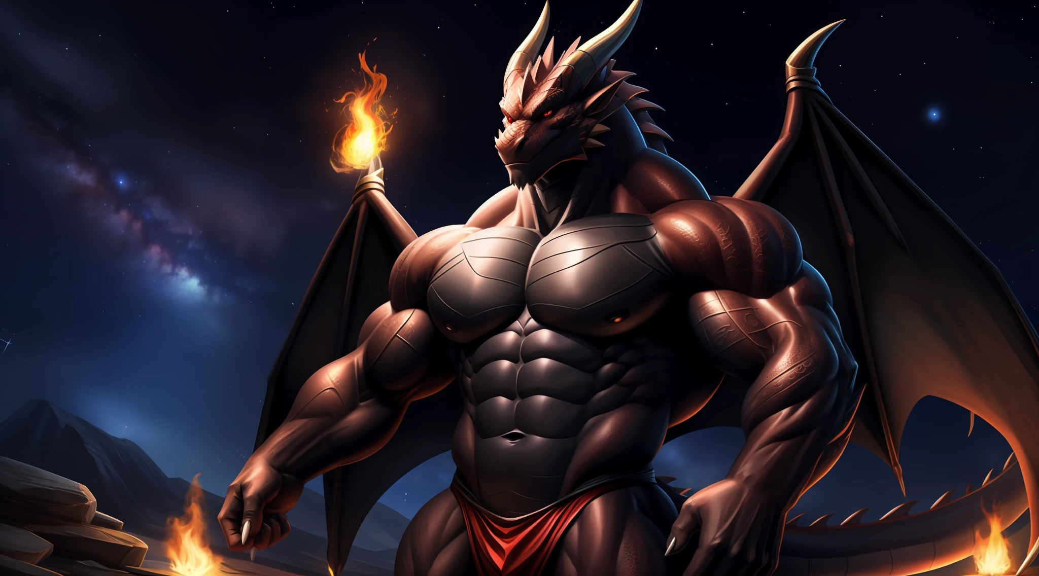 Epic, Realism, Ultra High Resolution, Muscle: 3.0, Hairless, Huge Pectoral Muscles: 1.1, Well-defined Eight-Pack Abs, Wide Shoulders, Developed Deltoids, Huge Biceps, There is a Red Eyed Black Dragon Standing Under the Stars, Anthropomorphic Dragon, Black Dragon, Dragon Body, Human Dragon Art, Giant Monster Dragon Monster, Muscular Dragon Man, Man and Dragon Fusion, Flame, Realism, Epic, Body with Flame Pattern, Long Horns, Dragon Wings, Starry Sky